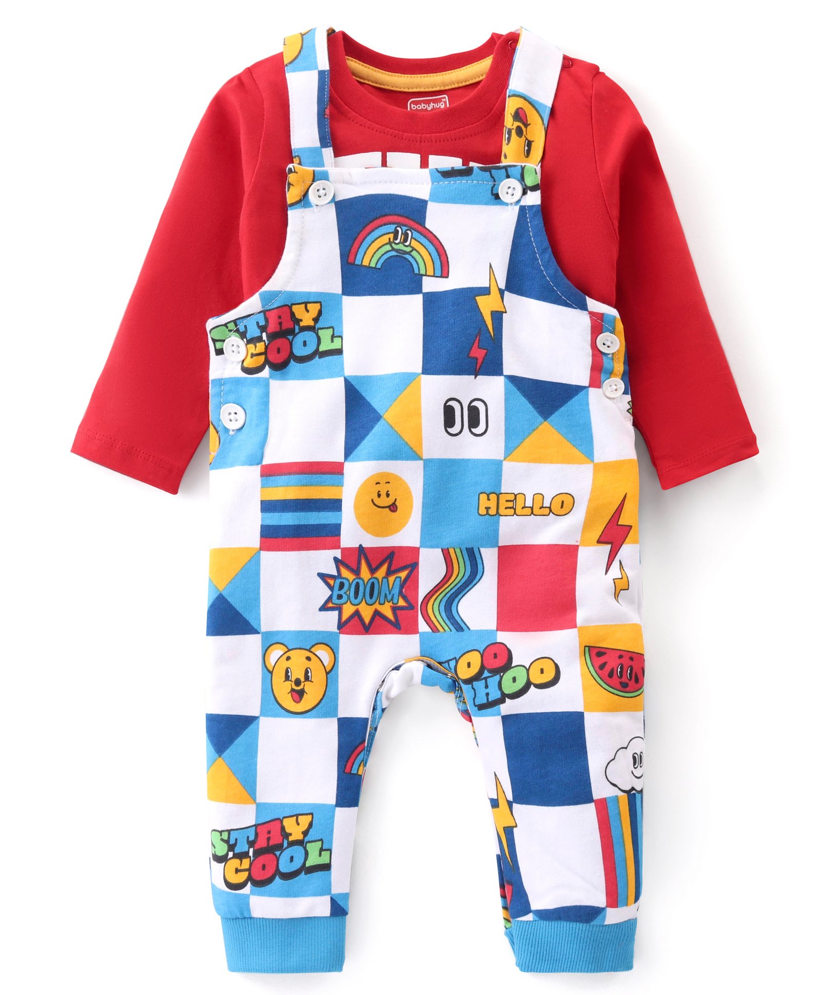 Babyhug Single Jersey Knit Block Printed  Dungaree with Full Sleeves T-Shirt Text Print - Multicolor-image-32