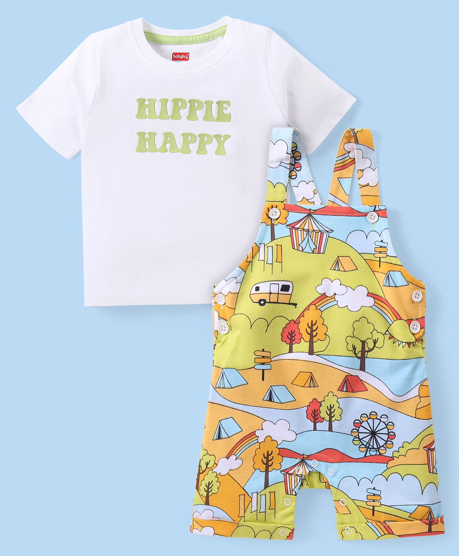 Babyhug Cotton Knit Half Sleeves T-Shirt & Printed Dungaree Set- Multicolour-picture-14