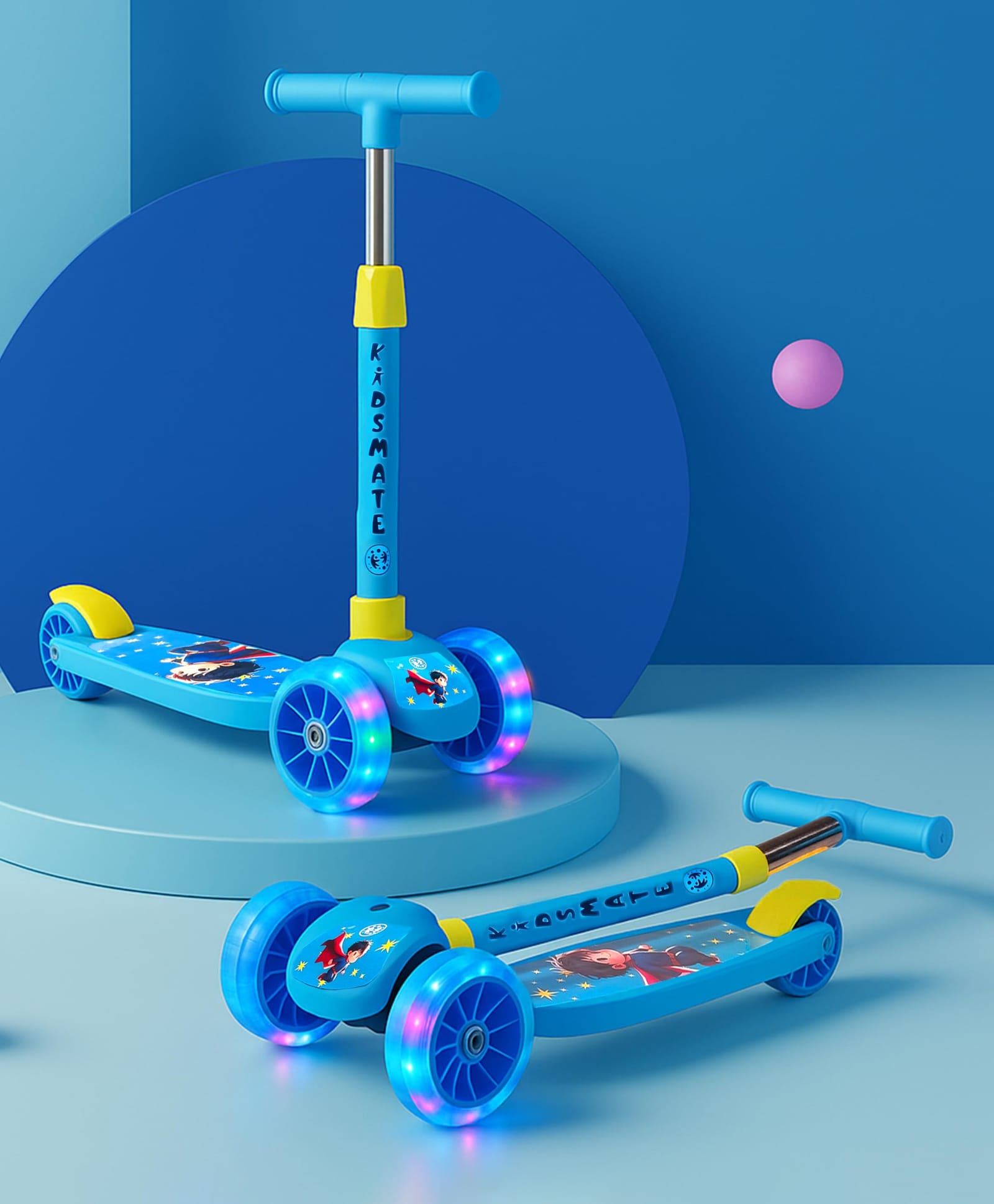 Kidsmate Rider Pro Kick Scooter 3-Wheel Skating Scooter for Boys & Girls, Ages 6-12, with PU Light-Up LED Wheels, 5-Level Adjustable Height, and Easy Fold Design (Blue)-image-6