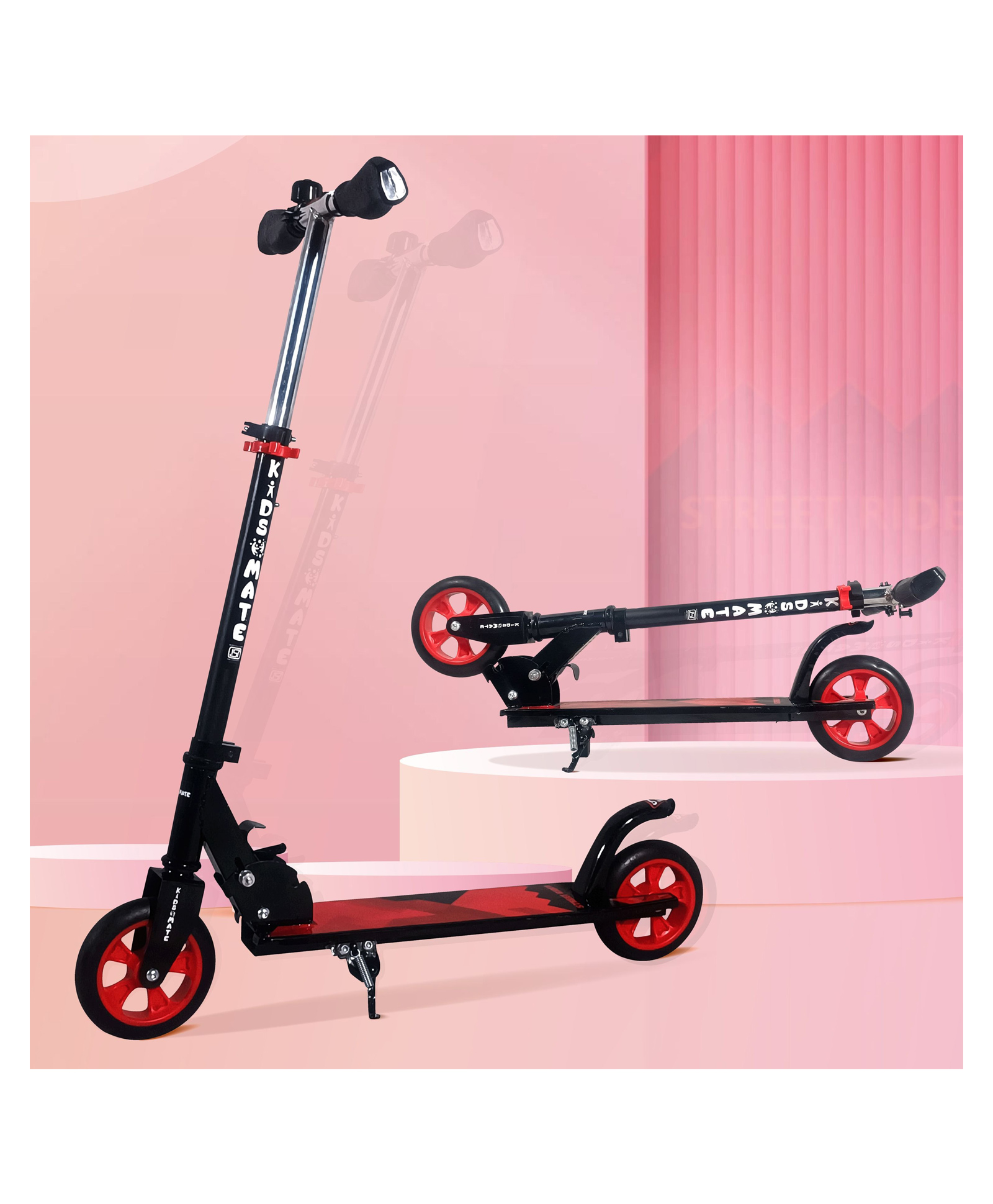 Kidsmate Street Rider Kick Scooter for Kids for Age 6-13 Years |2 Wheel Scooter, Foldable Design, 3  Adjustable Height Option with Rear Braking|Attractive Light up Wheels | Max User Weight  50kg  - Black/Orange