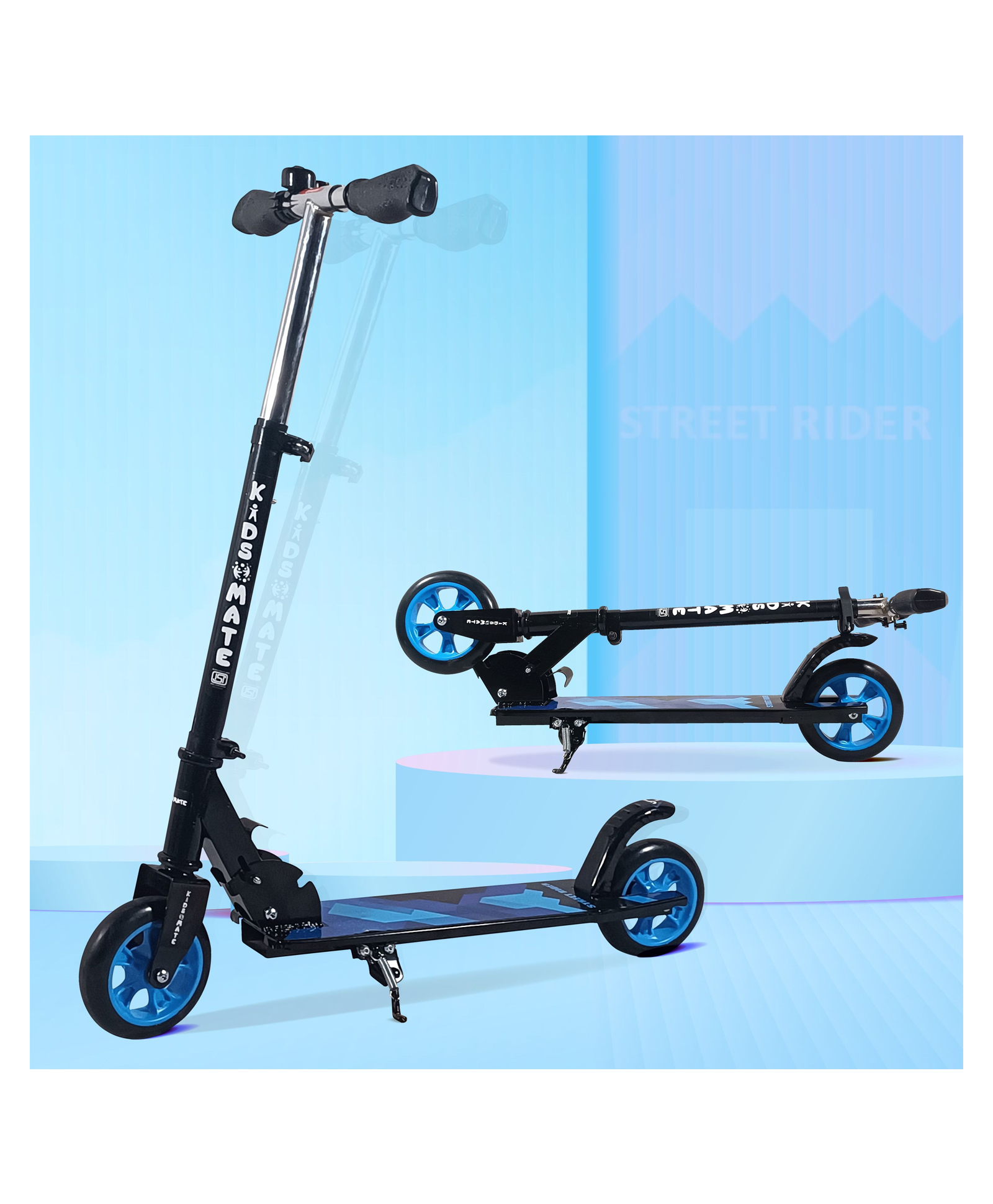 Kidsmate Street Rider Kick Scooter for Kids for Age 6-13 Years |2 Wheel Scooter, Foldable Design, 3  Adjustable Height Option with Rear Braking|Attractive Light up Wheels | Max User Weight  50kg  - Black/Blue