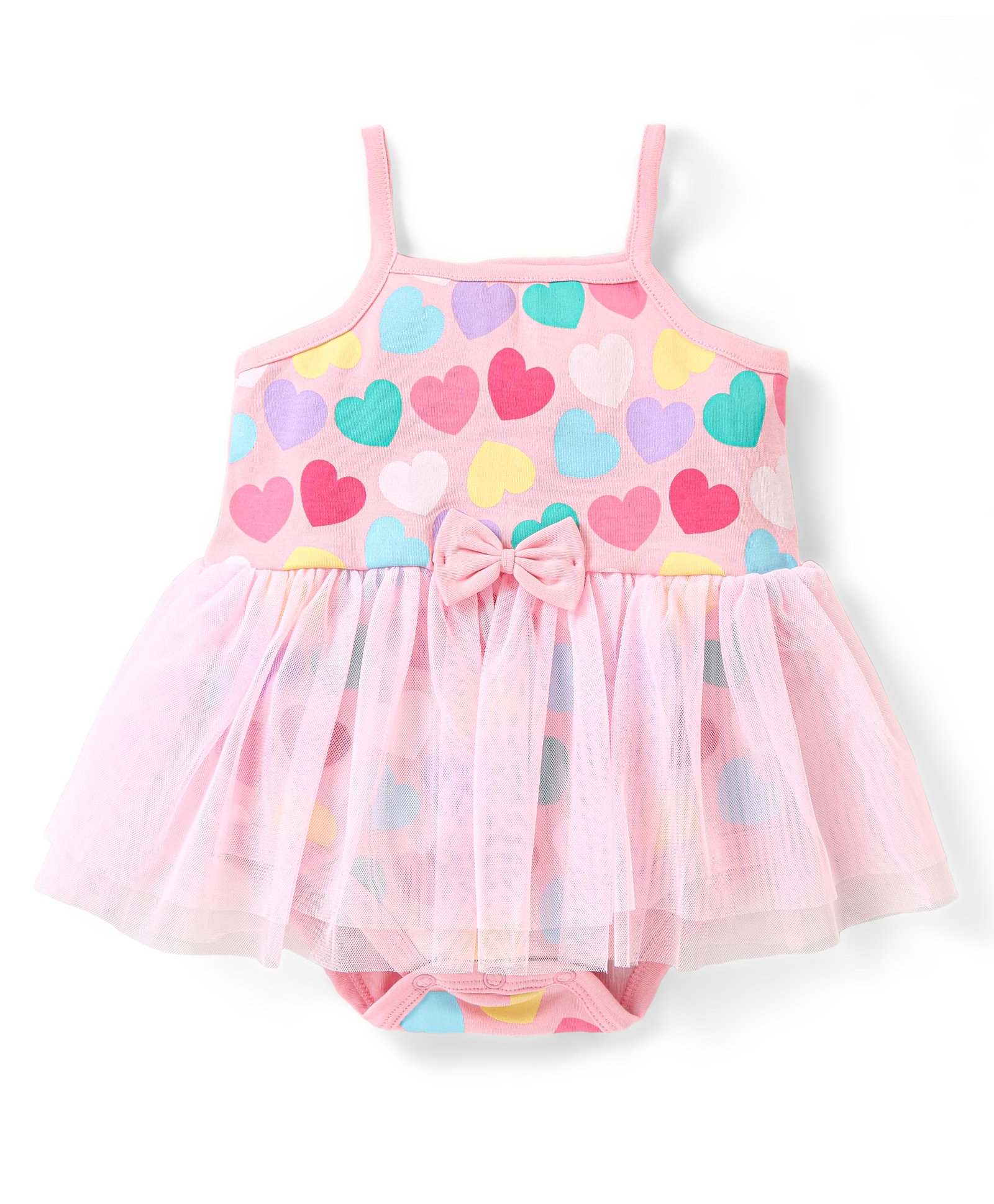 Babyhug 100% Cotton Knit Sleeveless Frock Style Onesie with Bow Applique & Heart Print - Pink