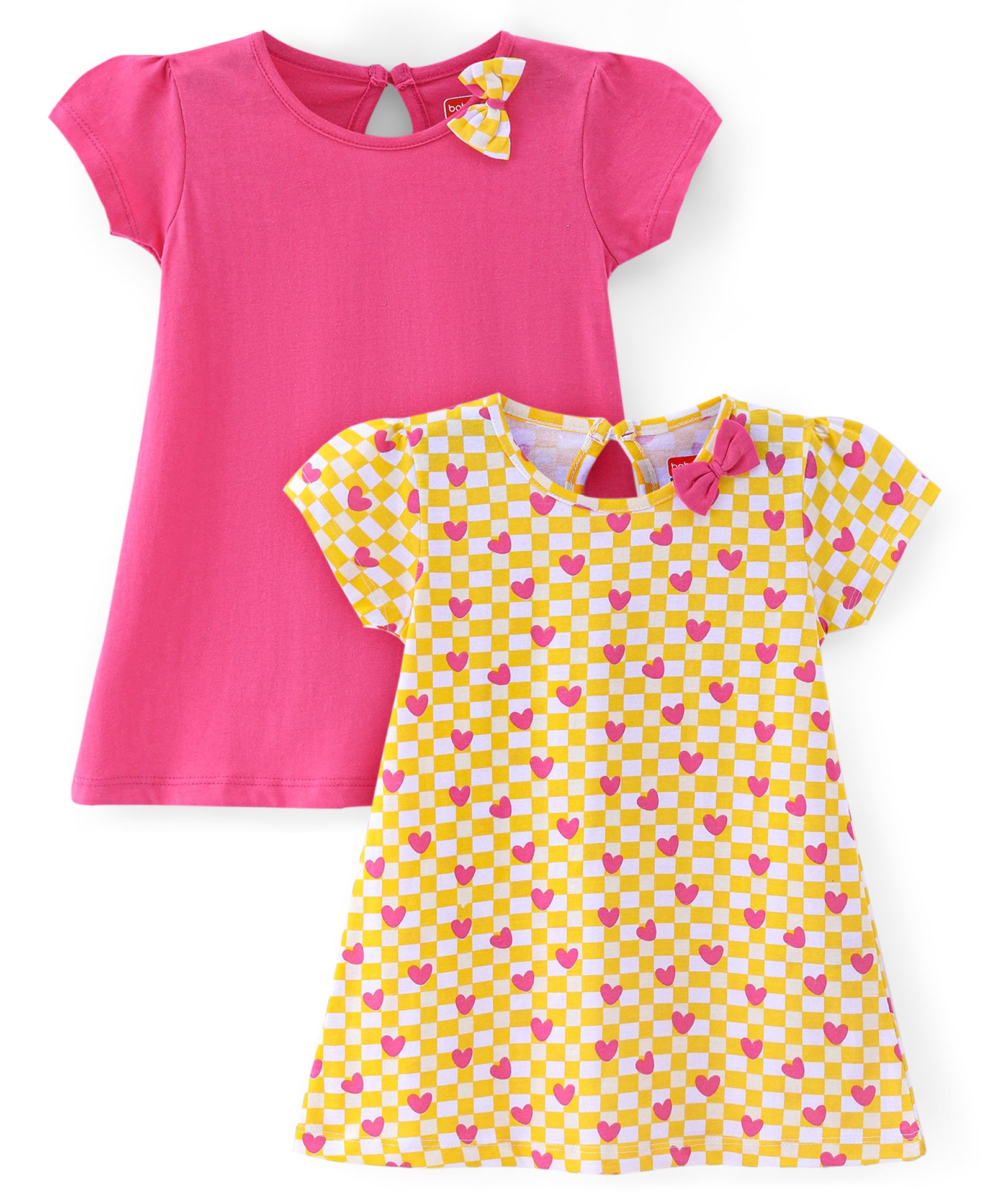 Babyhug Single Jersey Knit Half Sleeves Solid & Heart Printed Frocks with Bow Appliques Pack of 2 - Dark Pink & Yellow-image-33
