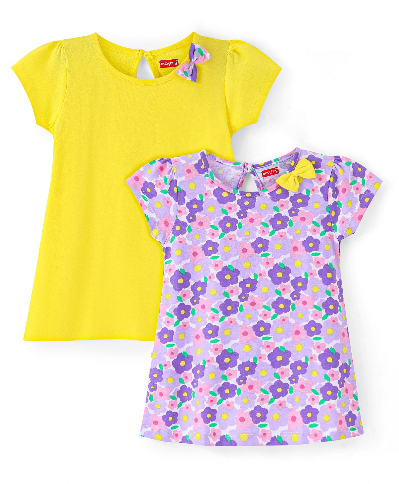 Babyhug Single Jersey Knit Half Sleeves Solid & Floral PrintedFrocks with Bow Applique Pack of 2 - Yellow & Purple-image-28