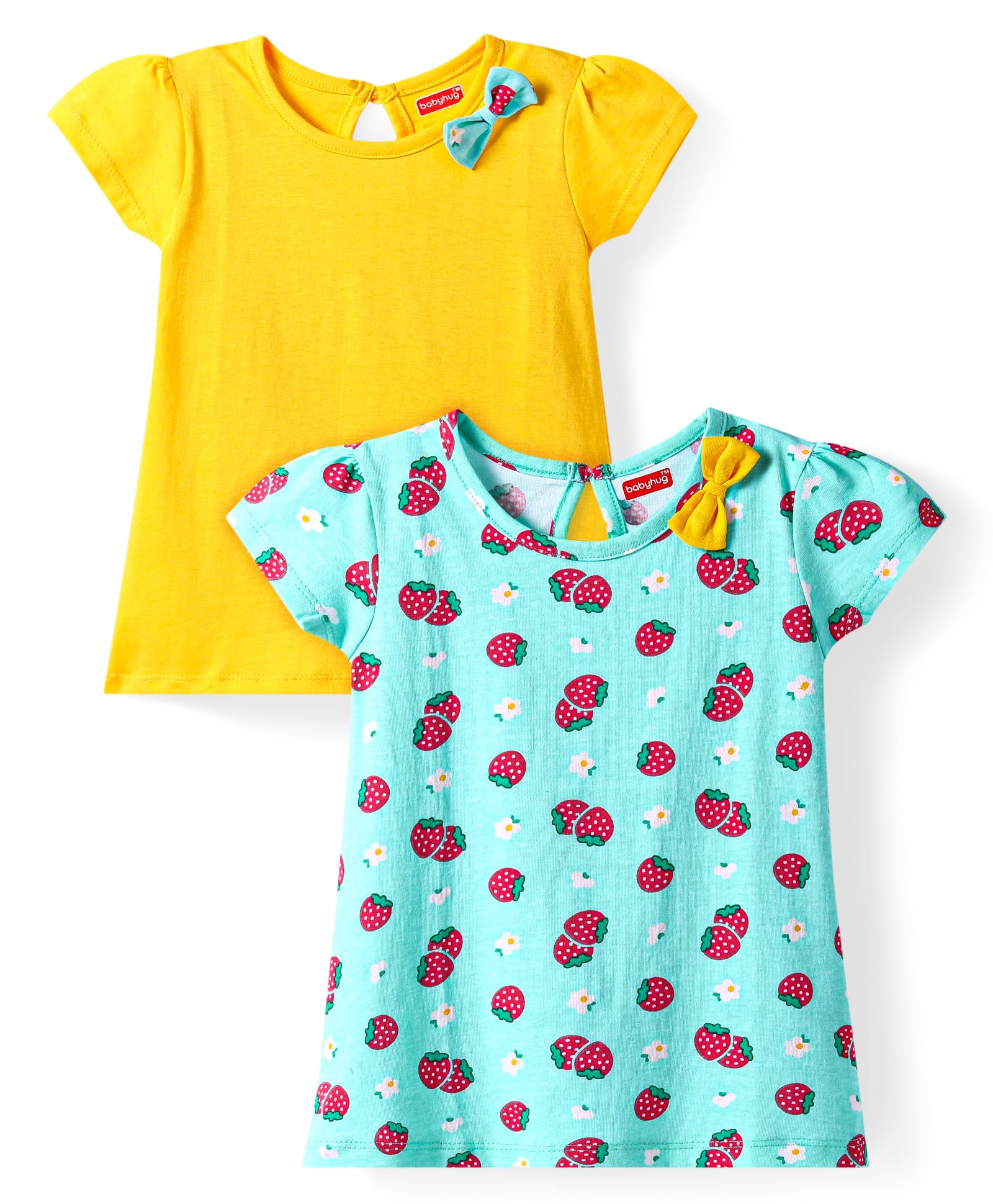 babyhug single jersey knit half sleeves frocks with strawberry print & bow applique pack of 2 - yellow & blue