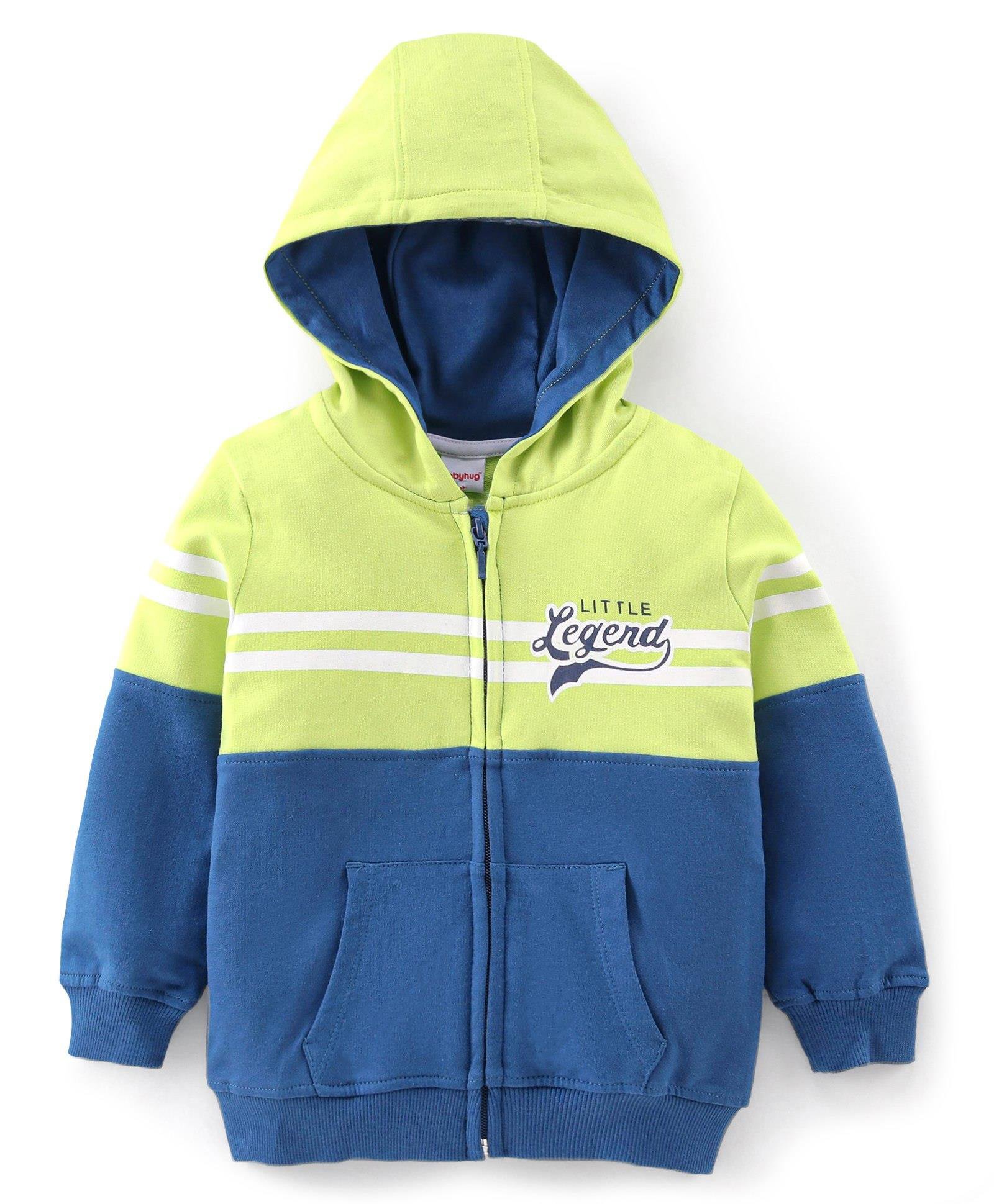 Babyhug Cotton Knit Full Sleeves Cut & Sew Sweatjacket With Front Pocket & Hooded Text Graphic - Blue & Lime-image-6