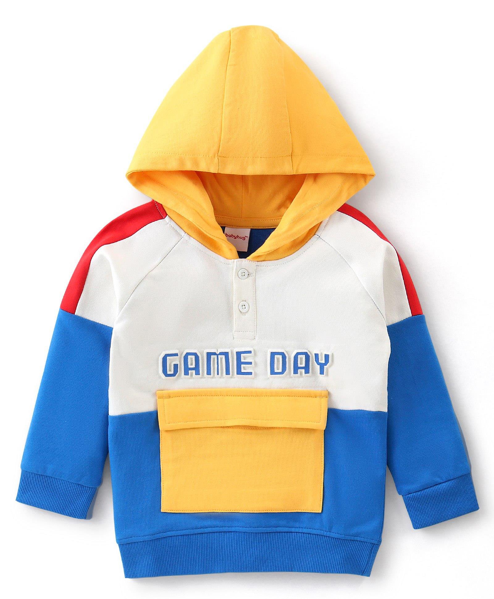 Babyhug Cotton Knit Full Sleeves Cut & Sew Hooded Sweatshirt With Front Pocket & Puff Text Print - Multicolor-image-22