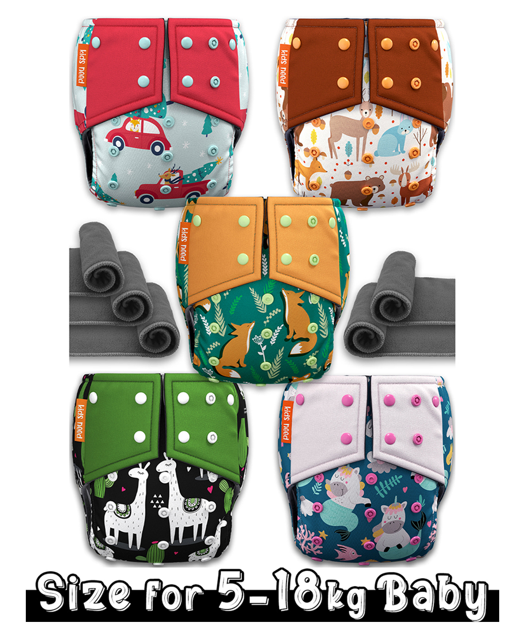Kids need Side leakage Proof Cloth Diapers with Insert pads, reusable and washable Adjustable 5-18 Kg-image-49