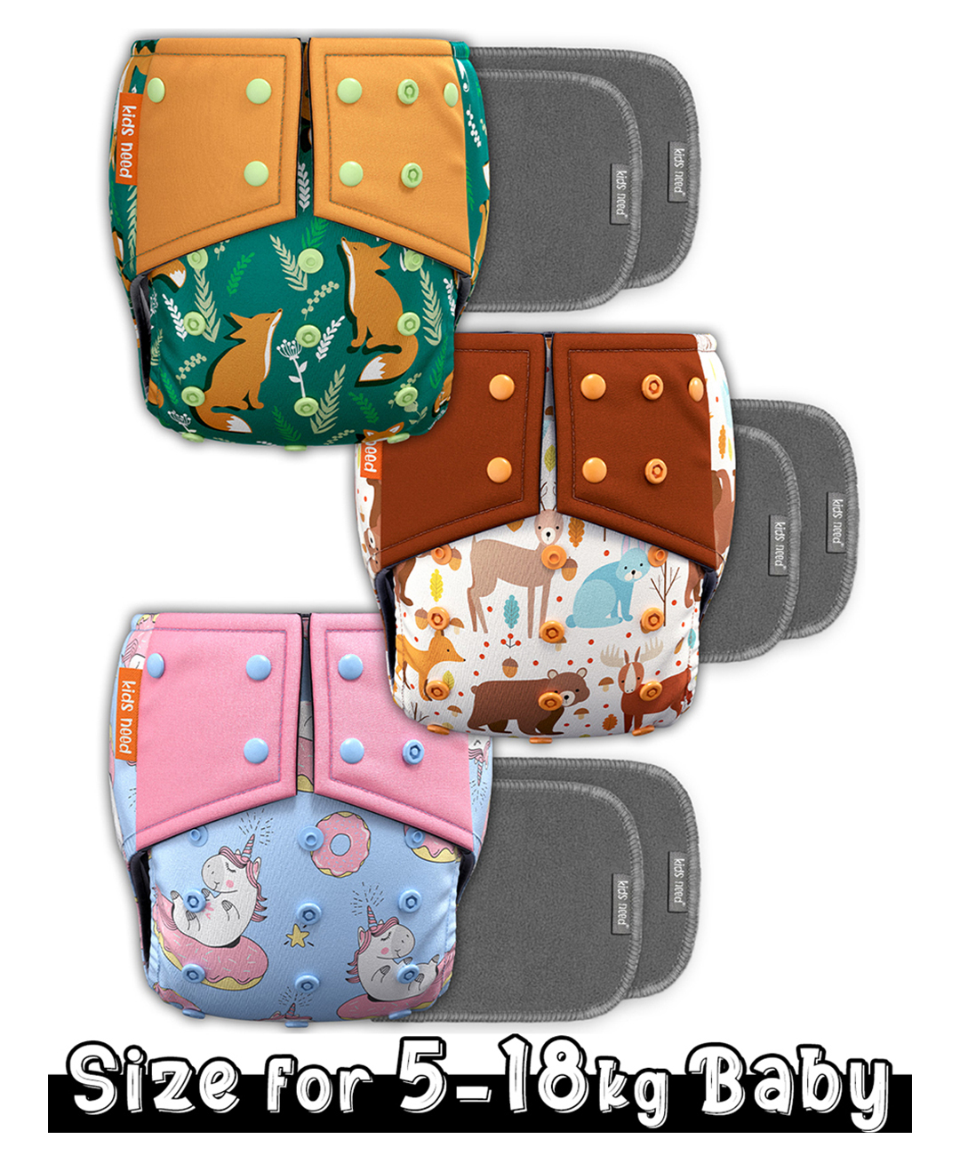 Kids need Side leakage Proof Cloth Diapers with Insert pads, reusable and washable Adjustable 5-18 Kg-image-35