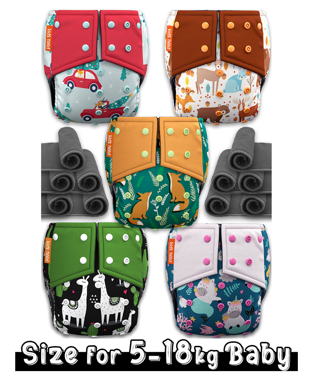 Kids need Side leakage Proof Cloth Diapers with Insert pads, reusable and washable Adjustable 5-18 Kg-image-37