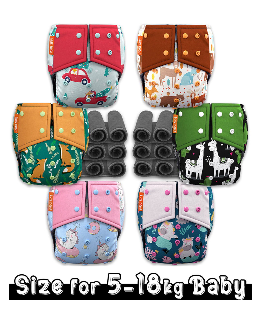 Kids need Side leakage Proof Cloth Diapers with Insert pads, reusable and washable Adjustable 5-18 Kg-image-38