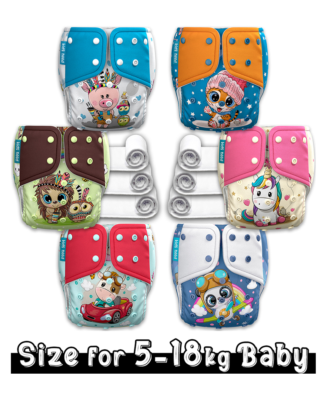 Kids need Side Leakage Proof Cloth Diapers with Insert pads, reusable and washable Adjustable 5-18 Kg-image-46