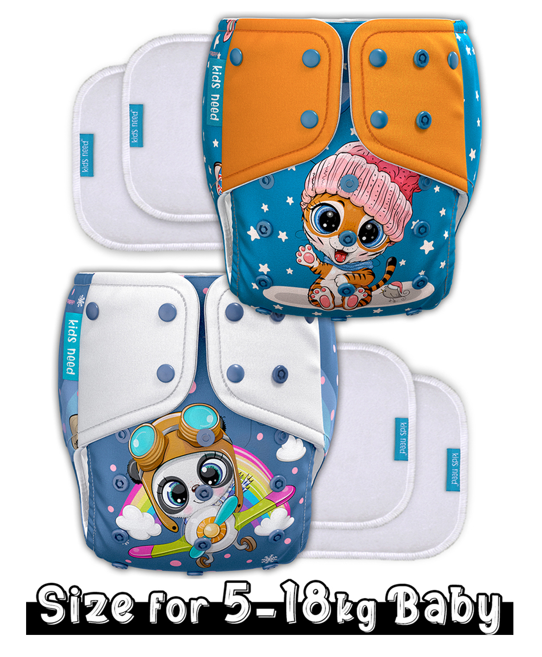 Kids need Side leakage Proof Cloth Diapers with Insert pads, reusable and washable Adjustable 5-18 Kg-image-36