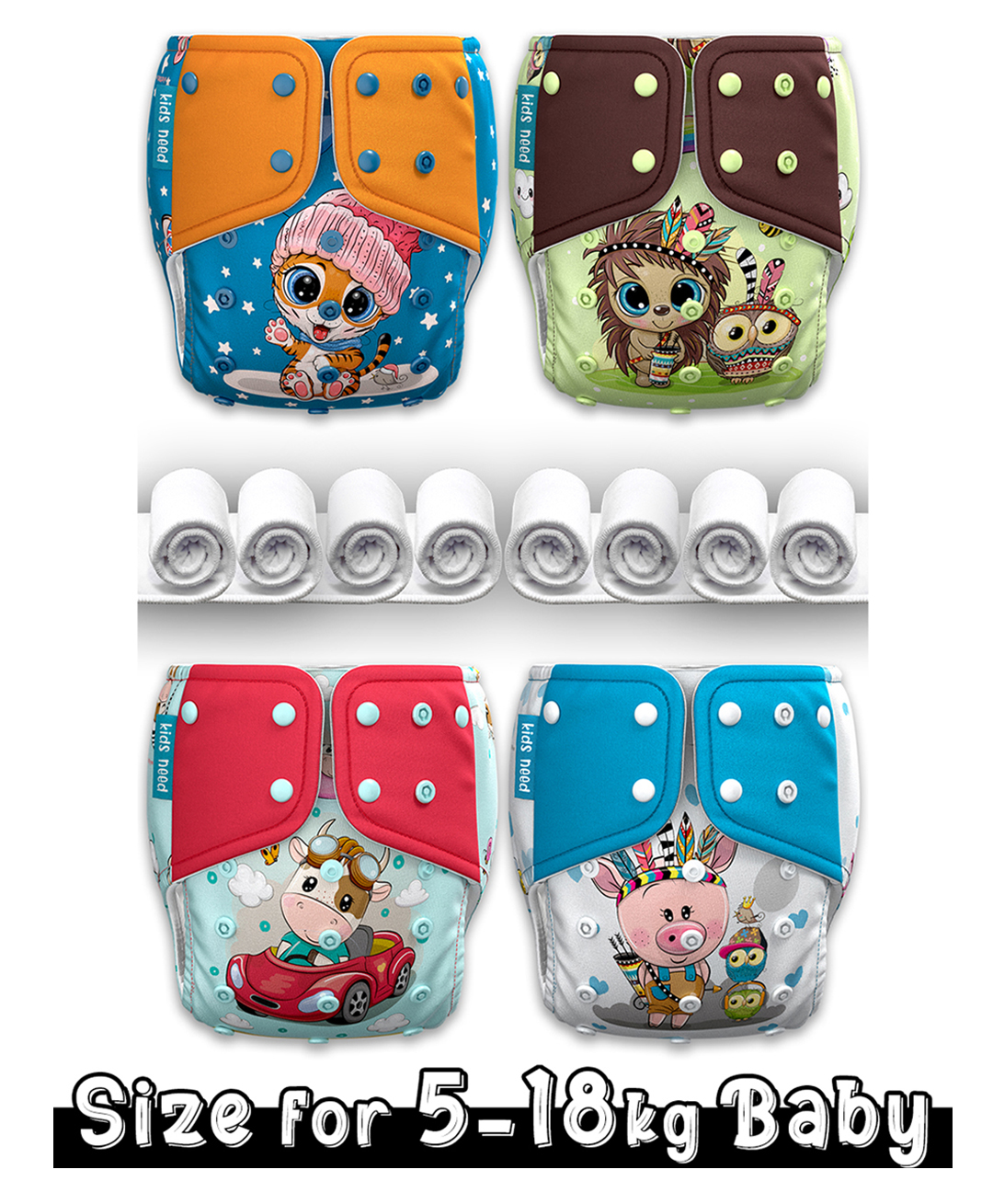 Kids need Side leakage Proof Cloth Diapers with Insert pads, reusable and washable Adjustable 5-18 Kg-image-38