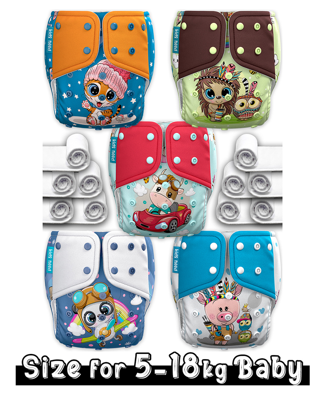 Kids need Side leakage Proof Cloth Diapers with Insert pads, reusable and washable Adjustable 5-18 Kg-image-39