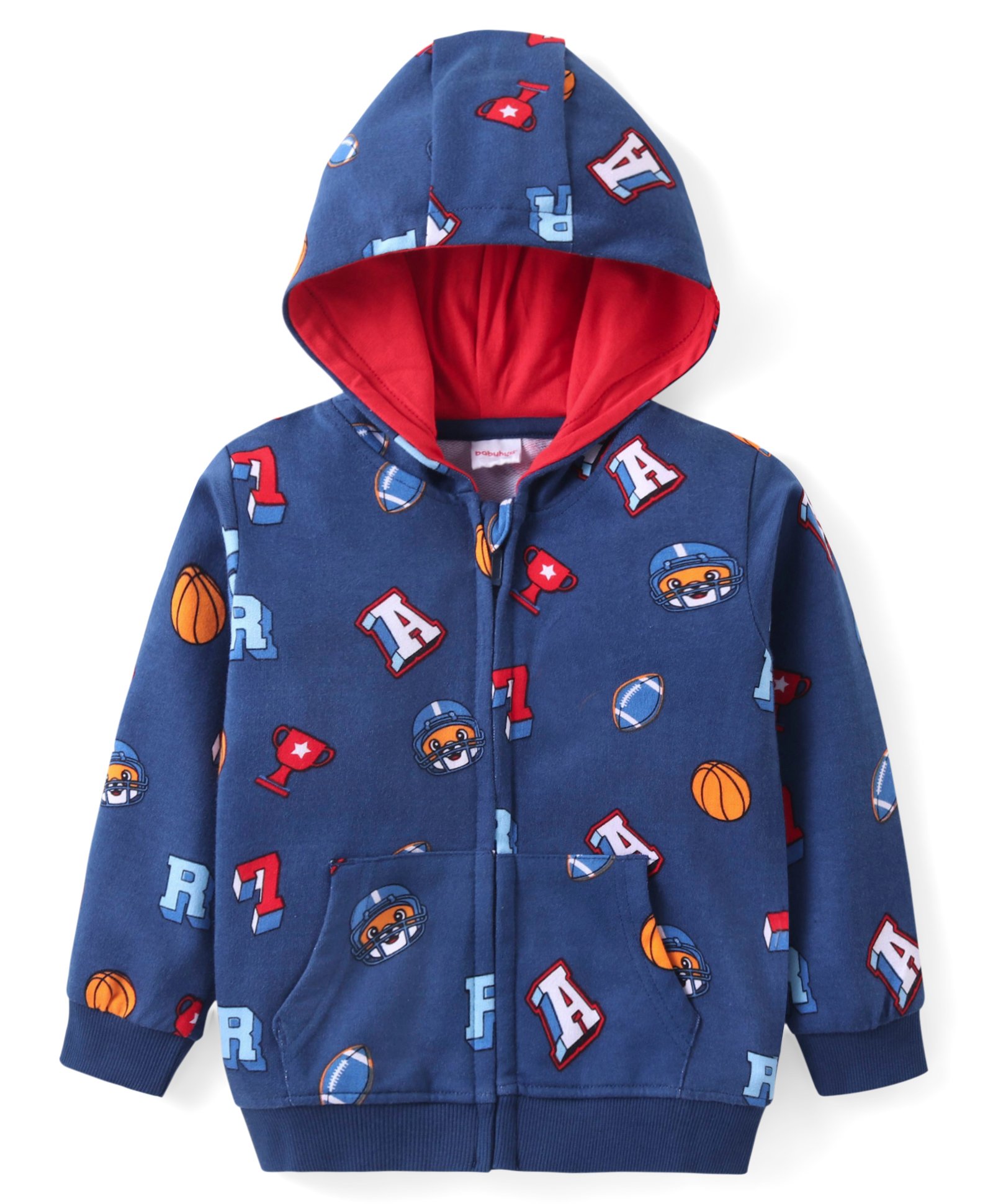 Babyhug Cotton Knit Full Sleeves Front Open Hooded Sweatshirt With Alphabet Print - Navy-image-36