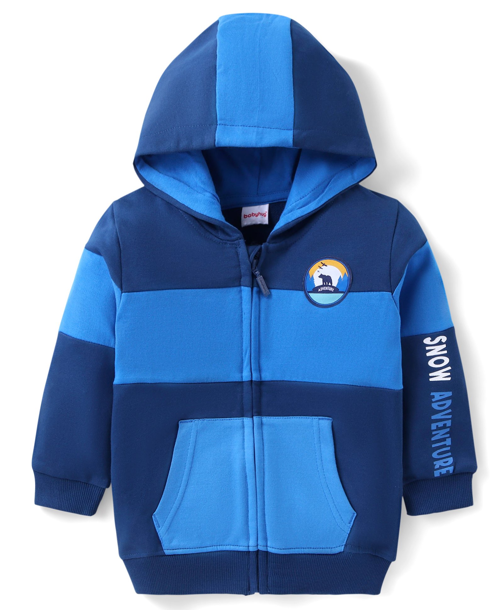 Babyhug Cotton Knit Full Sleeves Cut & Sew Hooded Sweat Jacket with Zipper Front Pocket & Badge Detailing - Navy-image-25