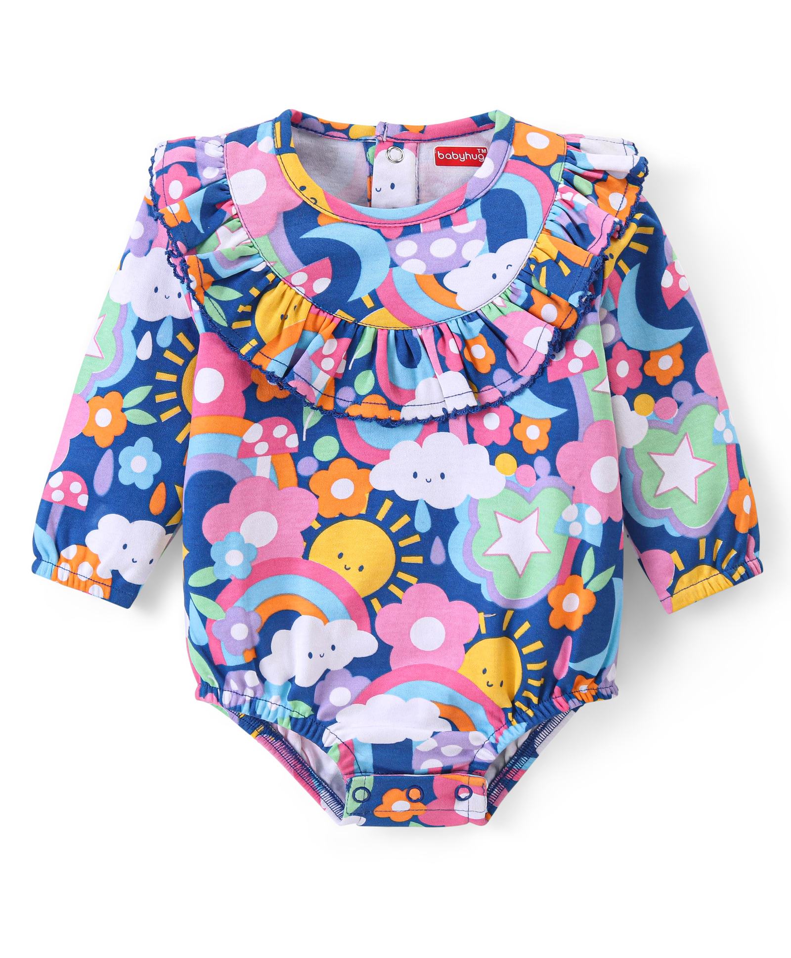 Babyhug 100% Cotton Knit Full Sleeves Onesie with Clouds & Sun Print - Multicolour-picture-21