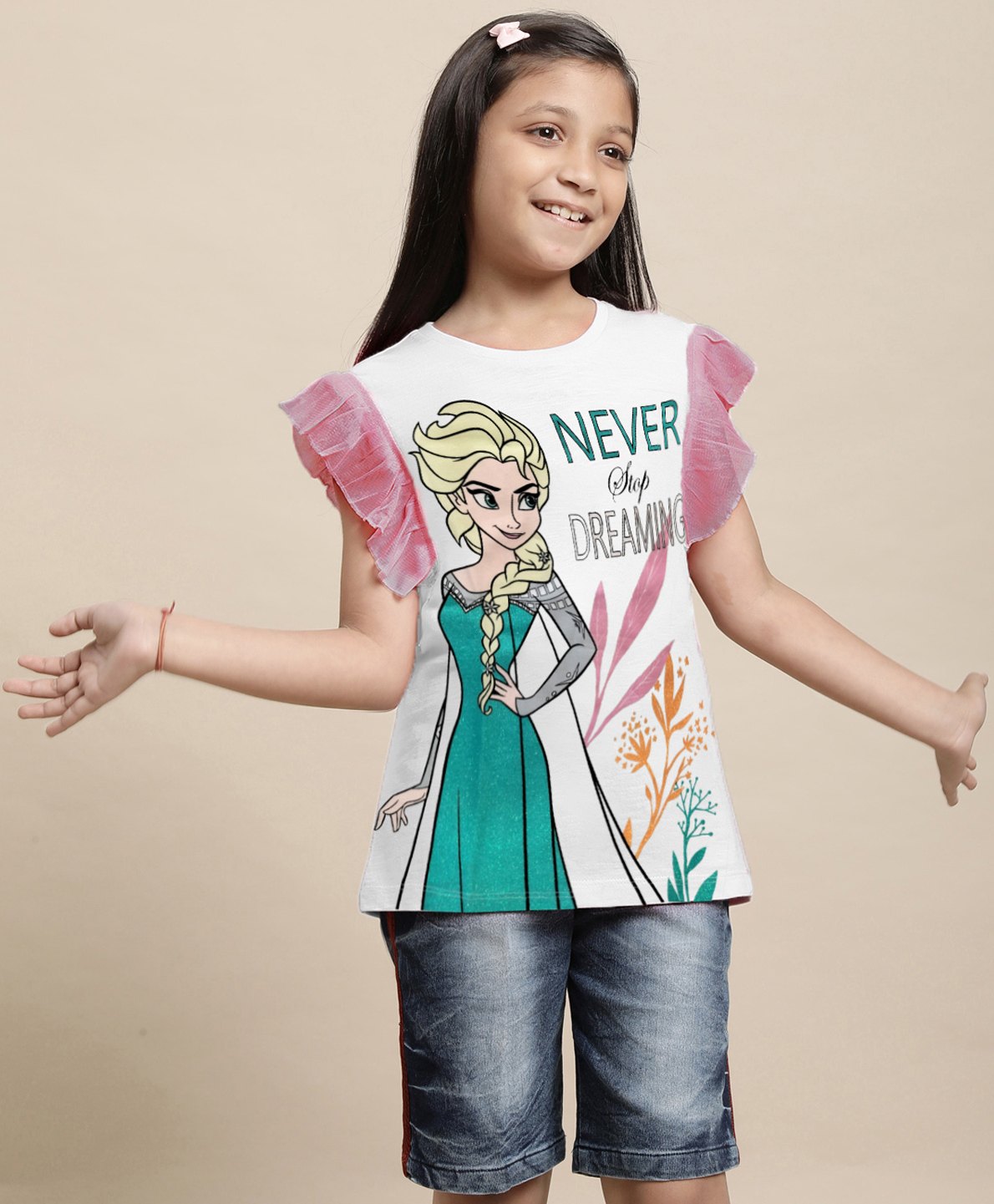 Kidsville Disney Featuring Frill Sleeves Frozen Printed Top - White-image-28