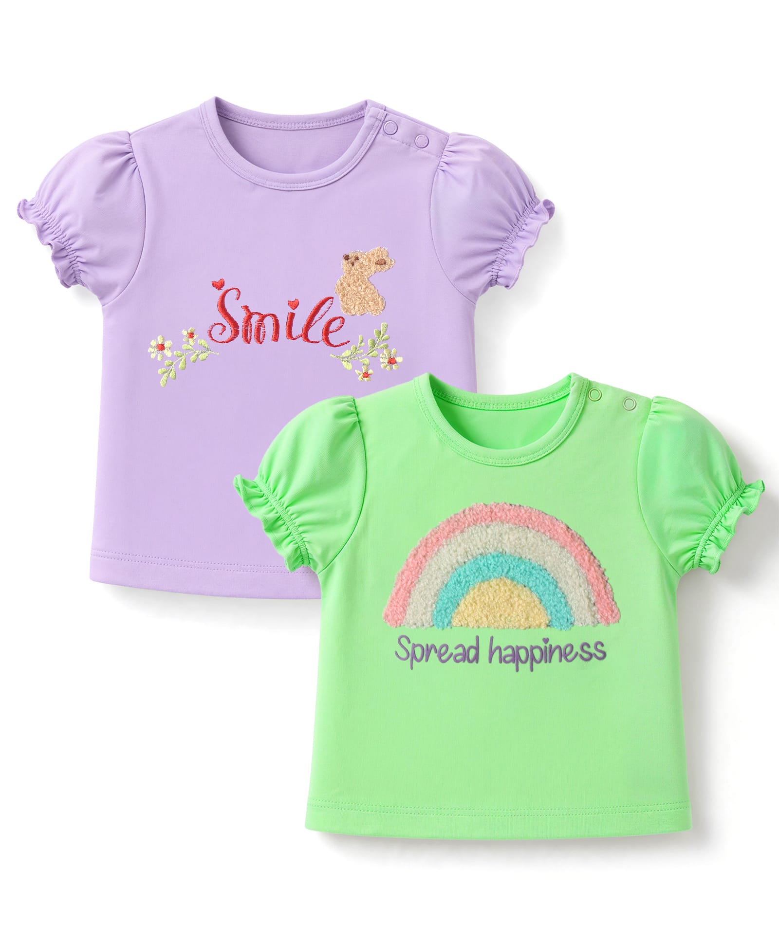 Babyoye 100% Cotton Interlock with Eco Jiva Finish Interlock Half Sleeves Top With Embroidered Detailing Pack of 2- Green & Purple-picture-11