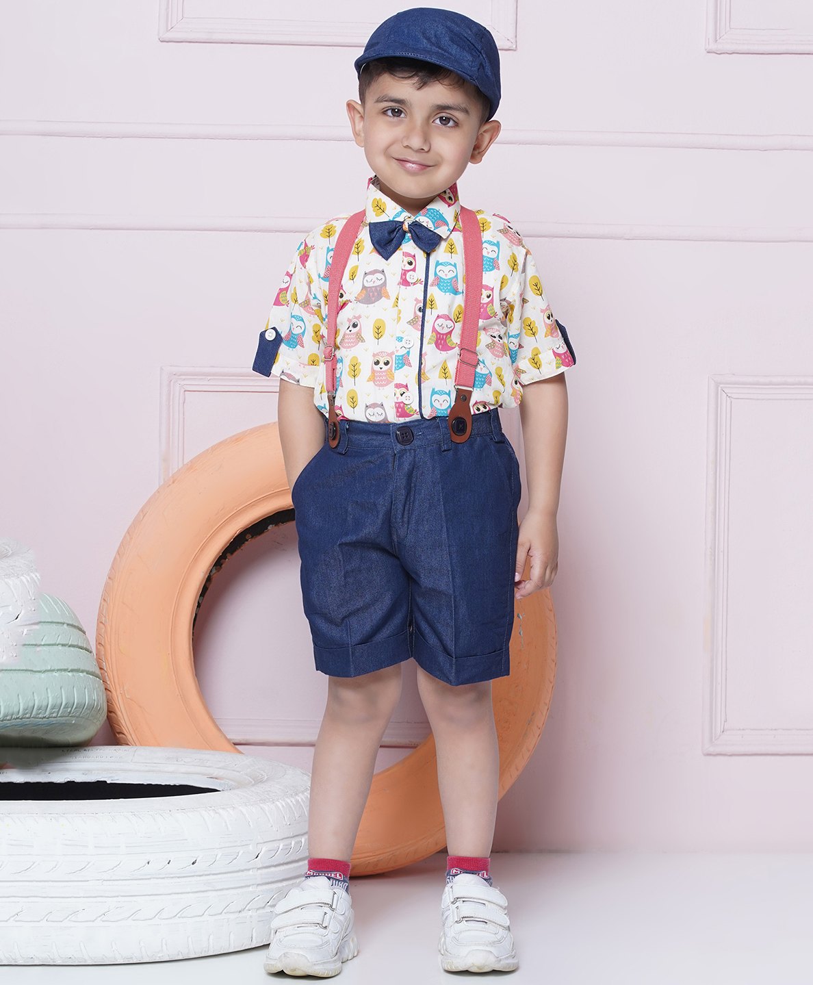 AJ Dezines Half Sleeves Owls Printed Shirt Shorts With Cap & Suspender Set - Pink-picture-27