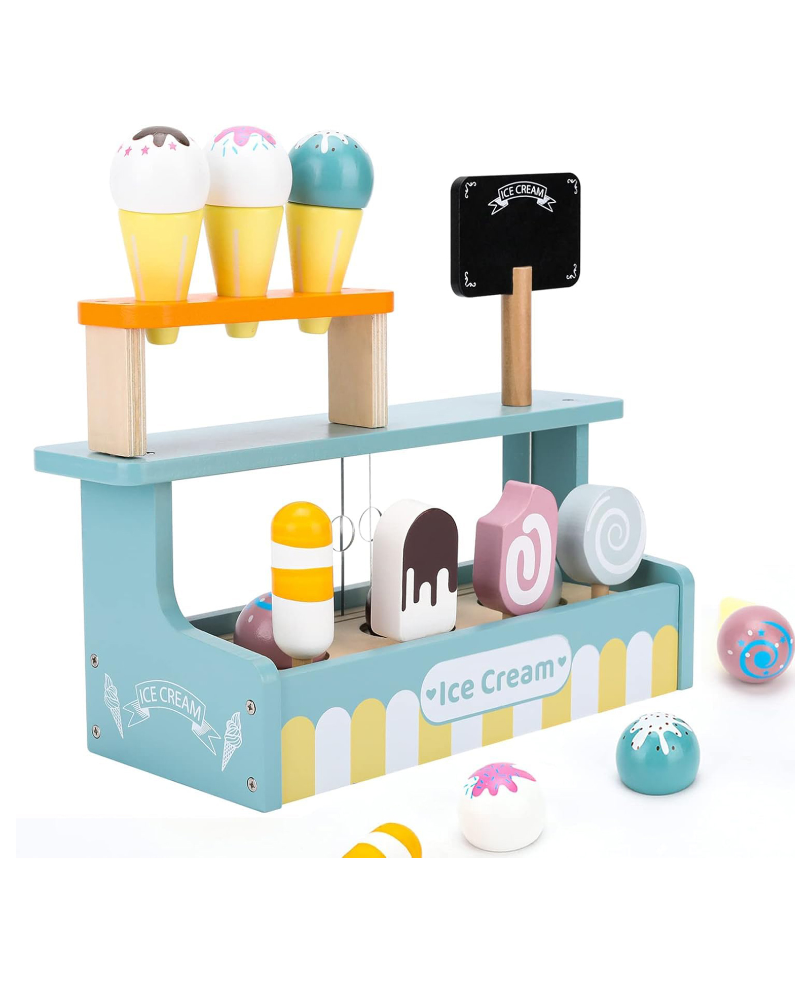 Happy Hues Wooden Ice Cream Shop Toy Wooden Colourful Ice Cream & Popsicle Toy Playset for Kids - 16 Pieces