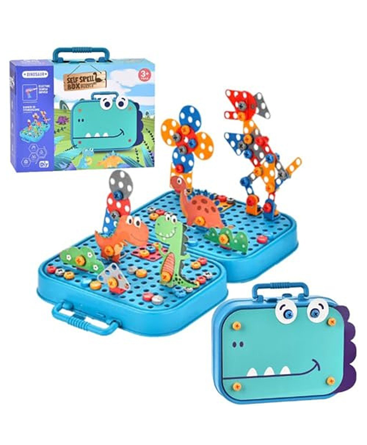 Happy Hues DIY Electric Drill Screw Tool Set Mosaic Puzzle 3D Stem Educational kit for Kids Dinosaur Design - 228 Pieces-image-19
