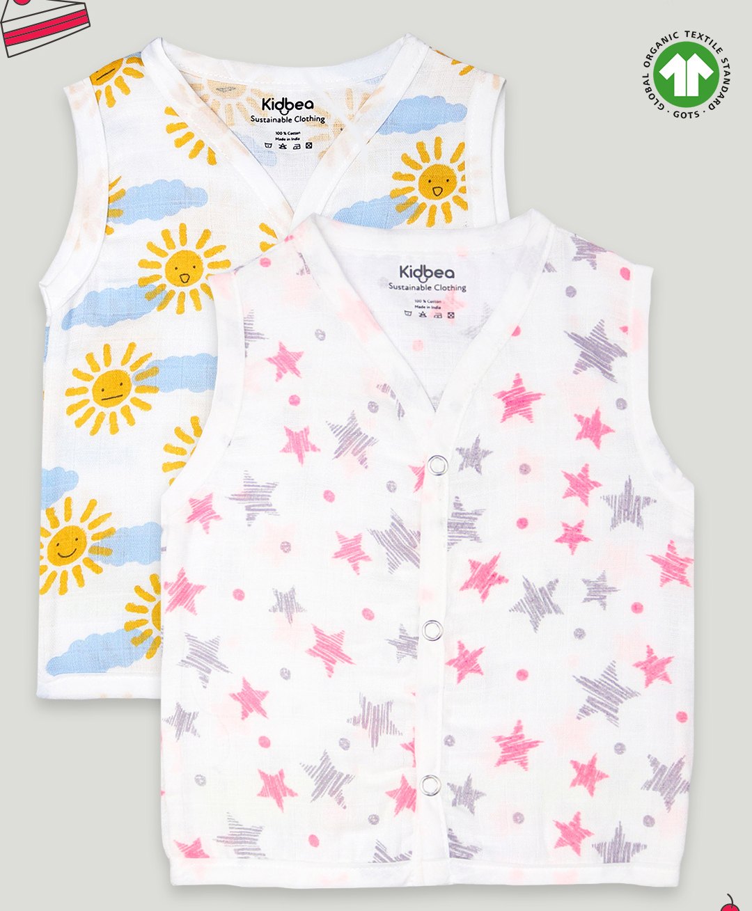 Kidbea Cotton Muslin Pack Of 2 Sleeveless Stars & Sunflowers Assorted Print Jhablas - White Yellow & Pink-image-40