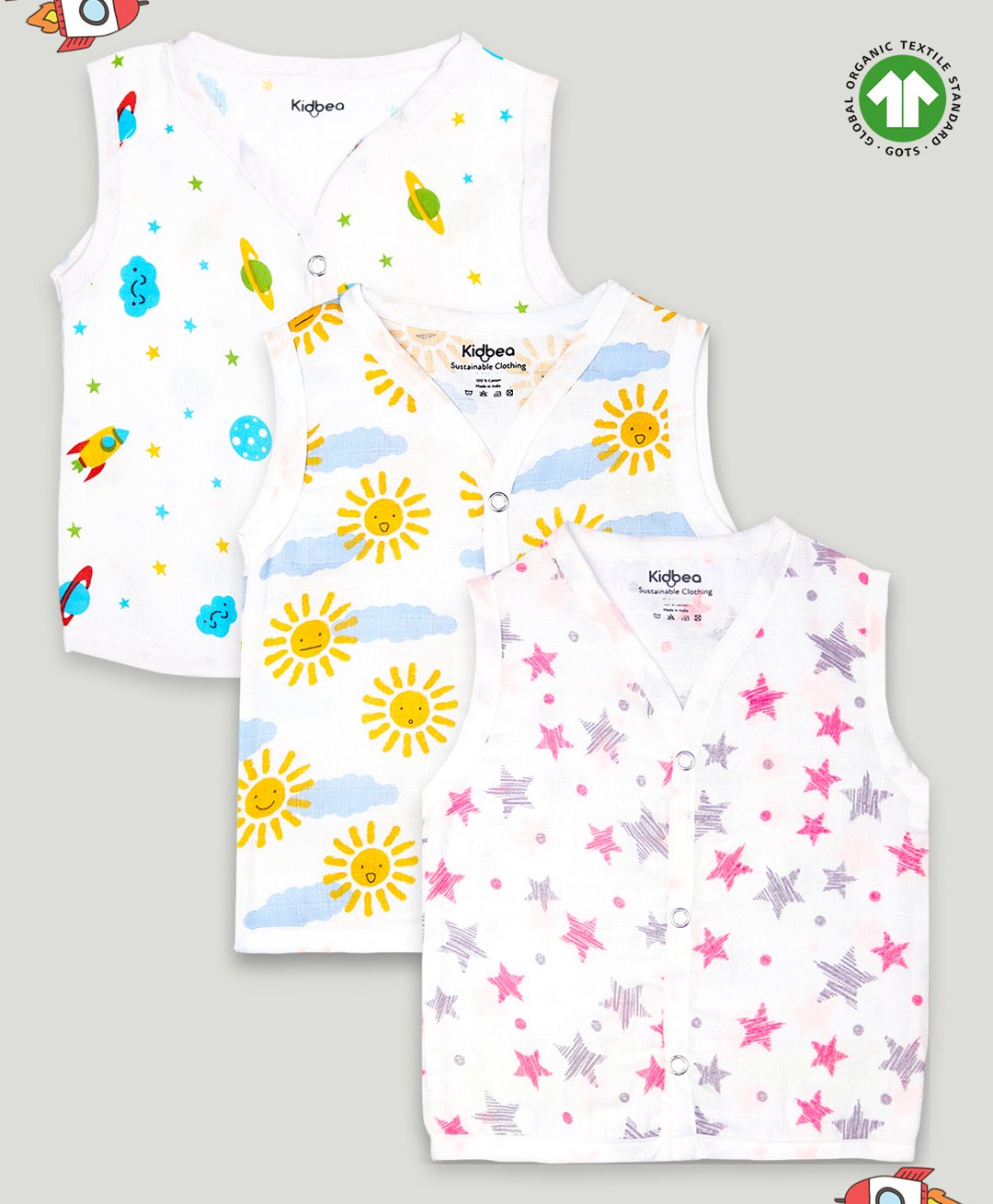 Kidbea Cotton Muslin Pack Of 3 Sleeveless Stars & Sunflowers Assorted Print Jhablas - White Yellow & Pink-image-41