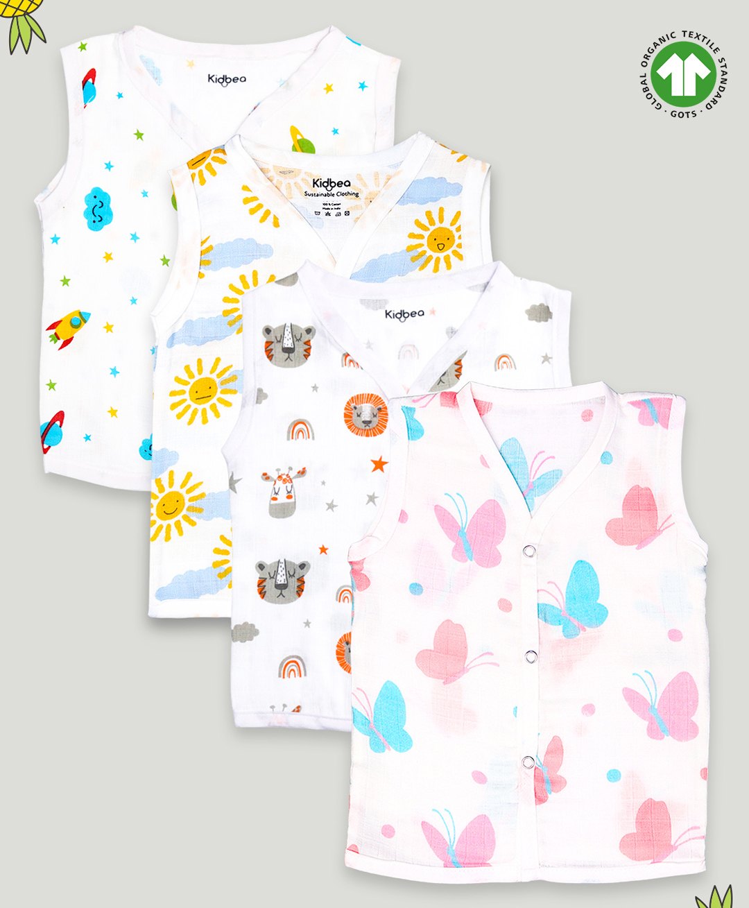 Kidbea Cotton Muslin Pack Of 4 Sleeveless Animals & Sunflowers Assorted Print Jhablas - White Blue & Yellow-image-42