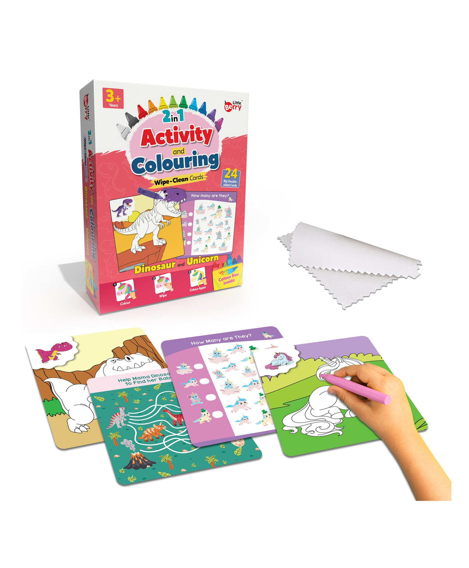 Little Berry 2-in-1 Activity & Colouring Wipe Clean Flash Cards for Kids: Dinosaur & Unicorn - 24 Cards With Crayons (Multicolour)-image-20