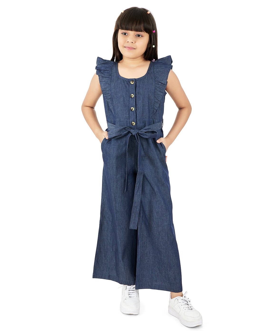 Olele Denim Sleeveless Frill Detailed Solid Jumpsuit - Blue-picture-22