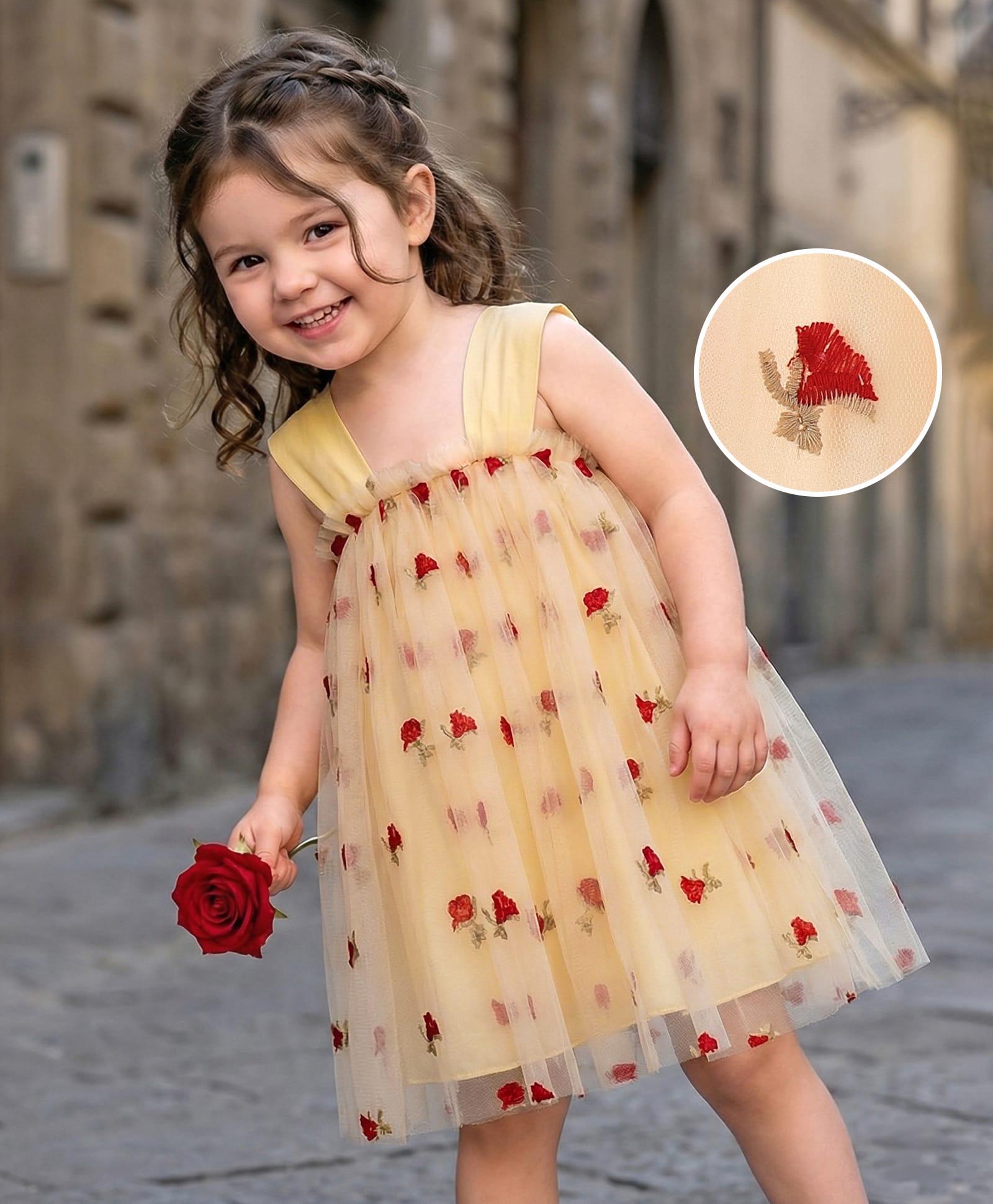 Kookie Kids Sleeveless Floral Embroidered Party Frock - Beige-image-8