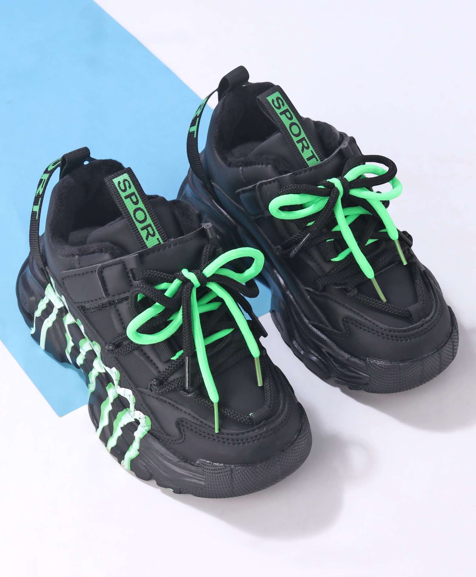 Oh! Pair Slip On Sneakers with Lace Up Closure - Black & Green-picture-11