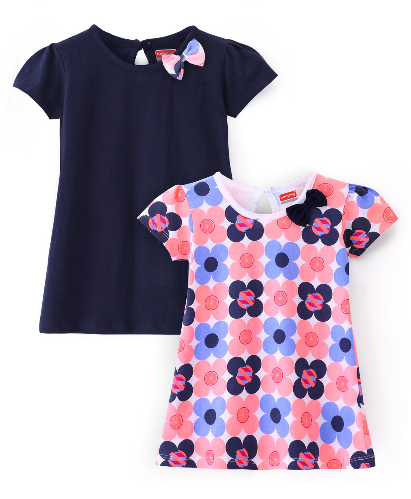 Babyhug Single Jersey Knit Half Sleeves Frocks with Floral Print & Bow Applique Pack of 2 - Navy & Pink-image-17