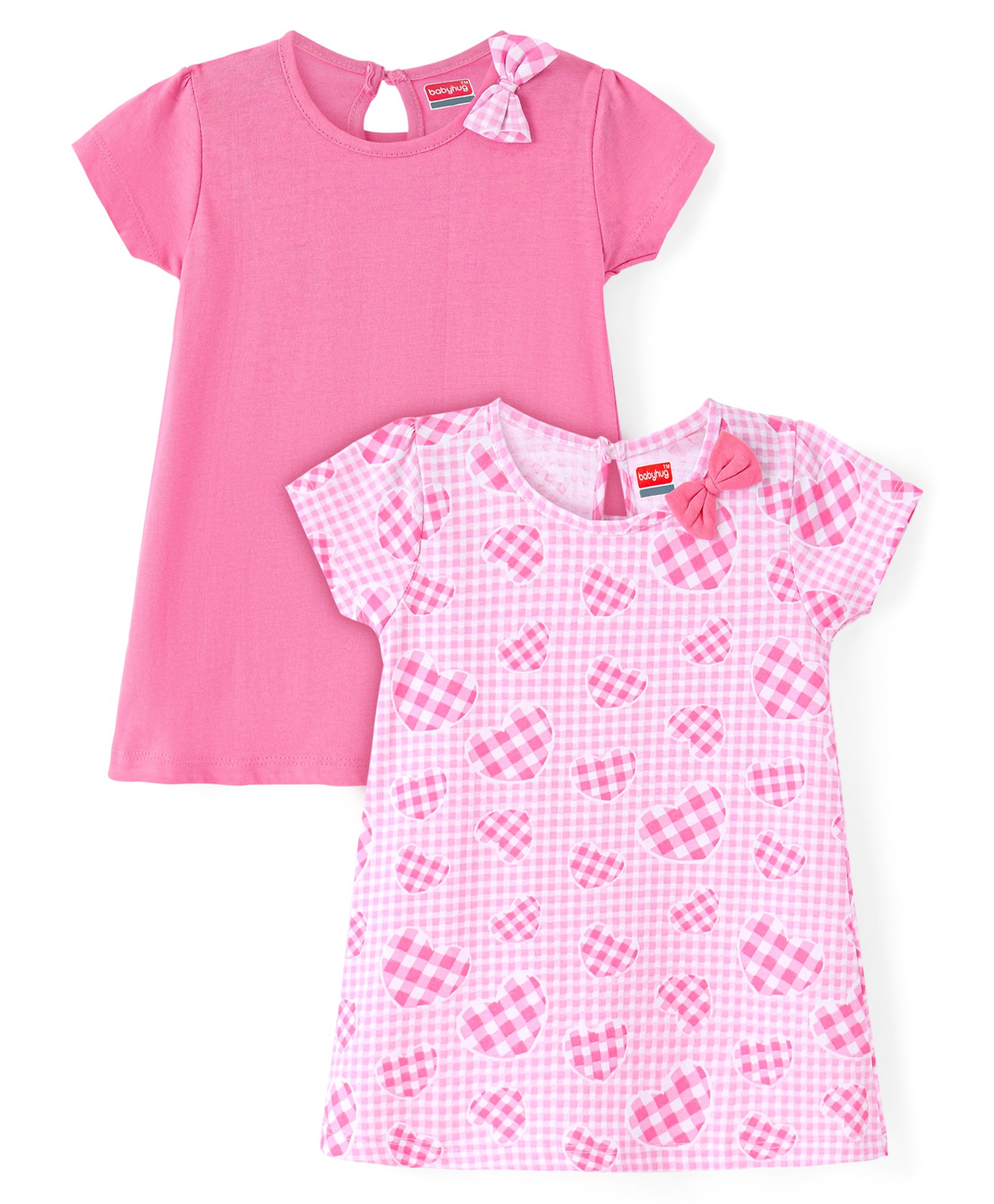 Babyhug Single Jersey Knit Half Sleeves Solid & Heart Printed Frocks with Bow Applique Pack of 2 - Pink-image-31