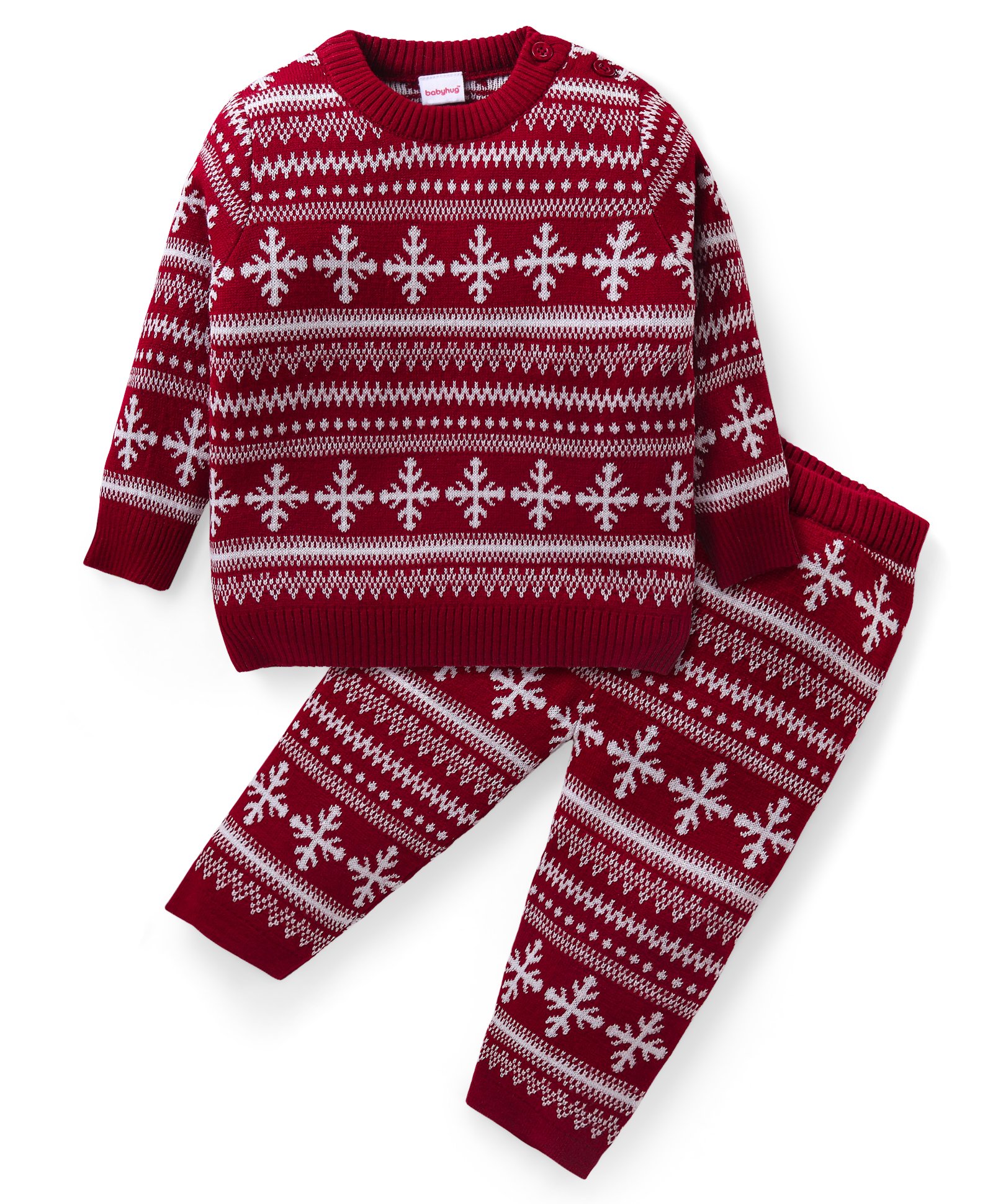 Babyhug Knitted Full Sleeves Pullover Sweater & Pant Set with Snowflake Design - Red-picture-23