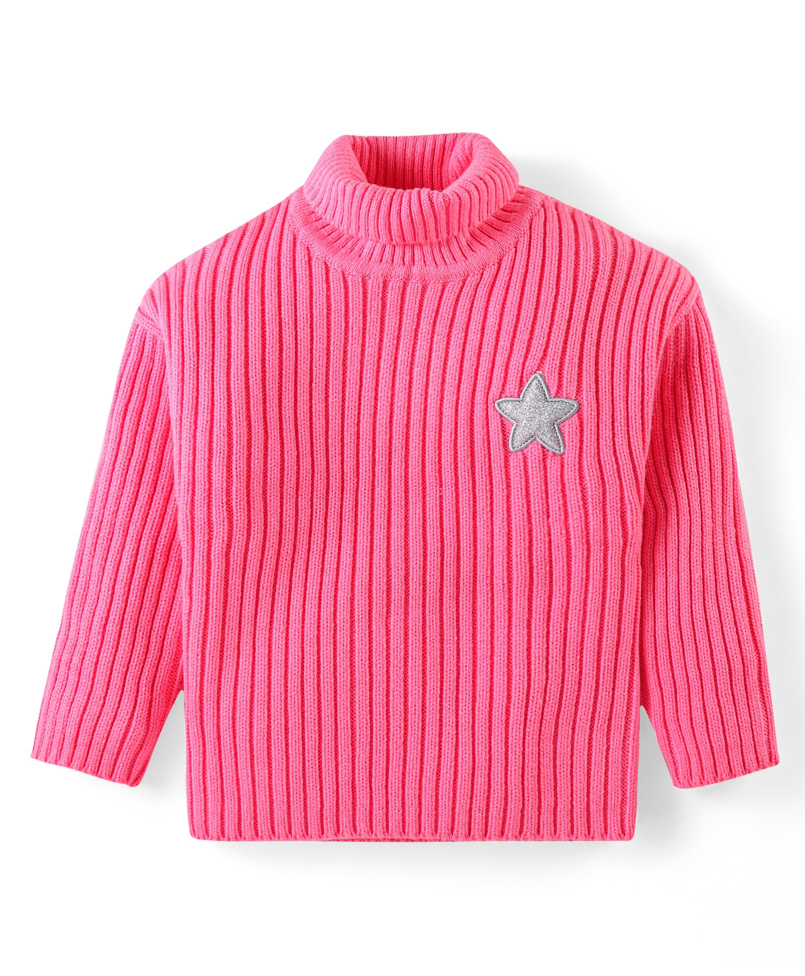 Babyhug Knit Full Sleeves Solid Colour Turtle Neck Sweater with Star Applique - Pink-picture-37
