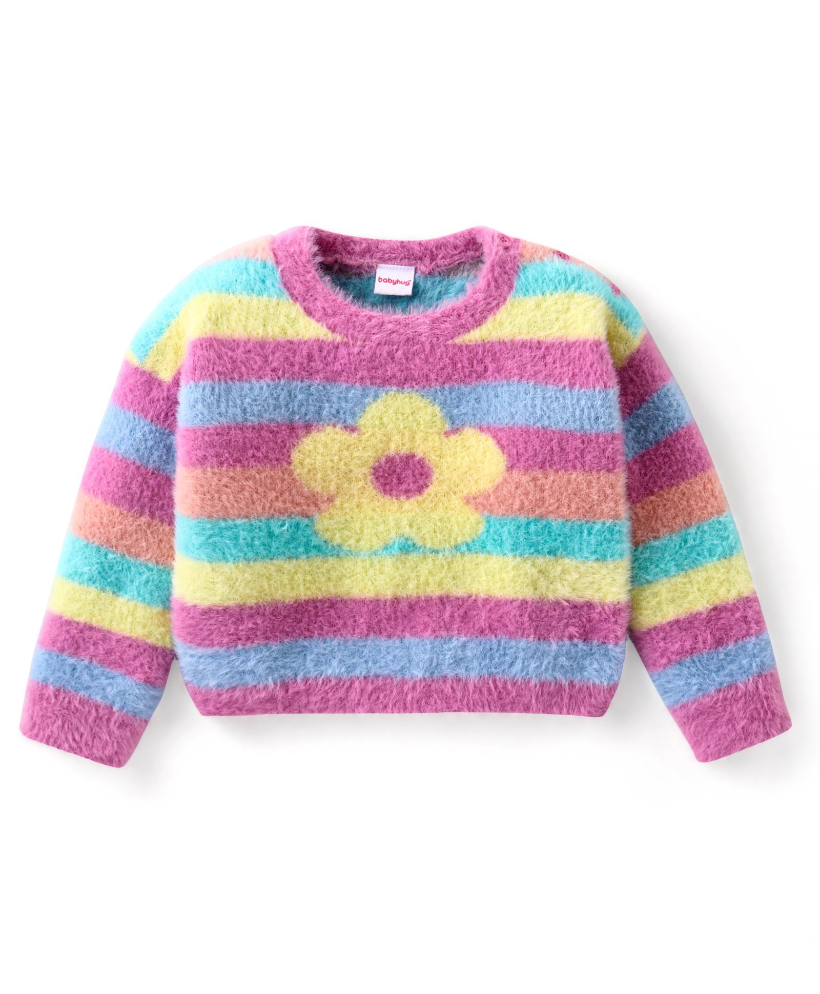 Babyhug Knitted Full Sleeves Pullover Sweater with Striped & Floral Design - Multicolour-image-18