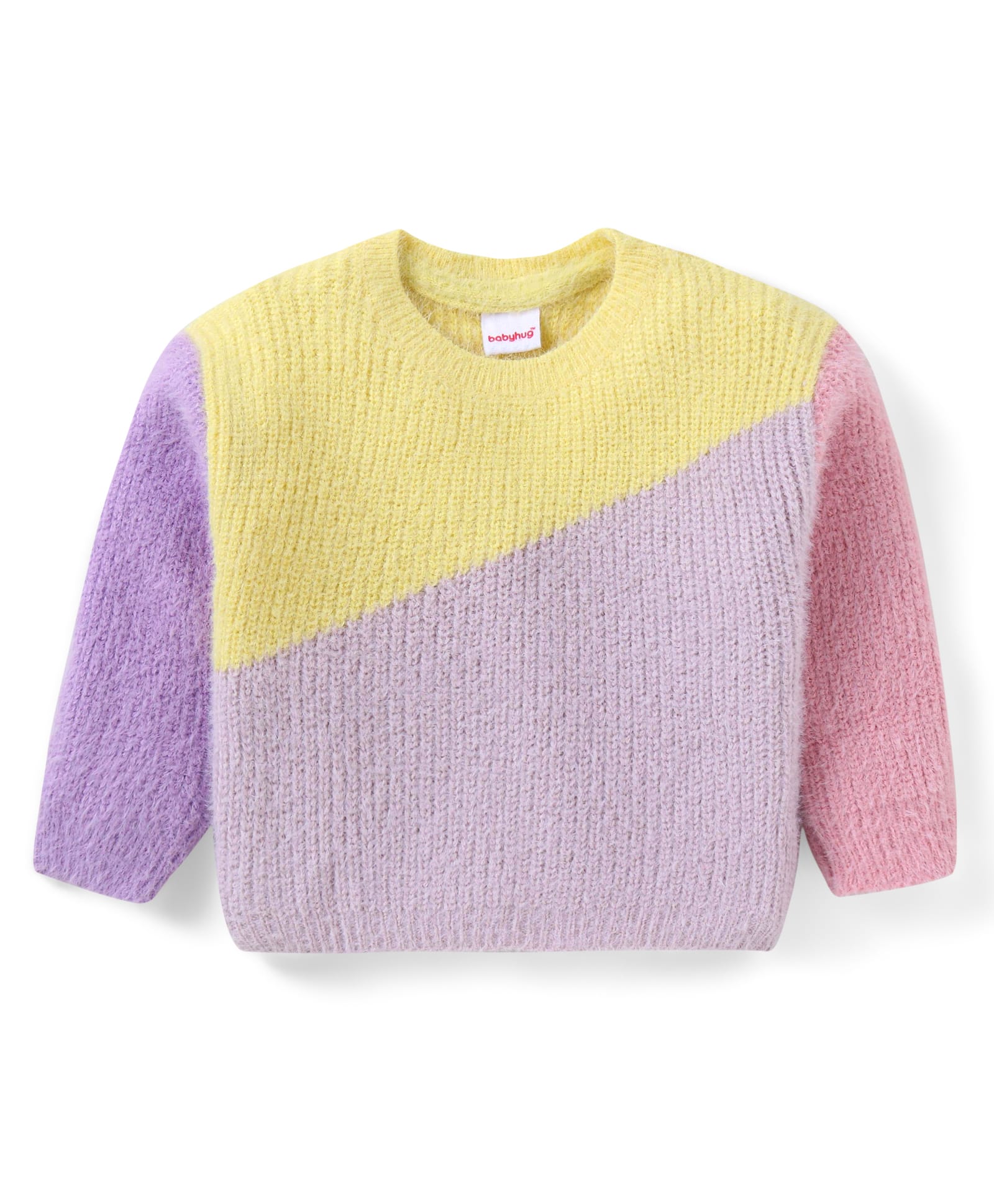 BabyhugKnit Full Sleeves Pullover Sweater with Colour Block Design - Lilac Yellow & Pink-image-12