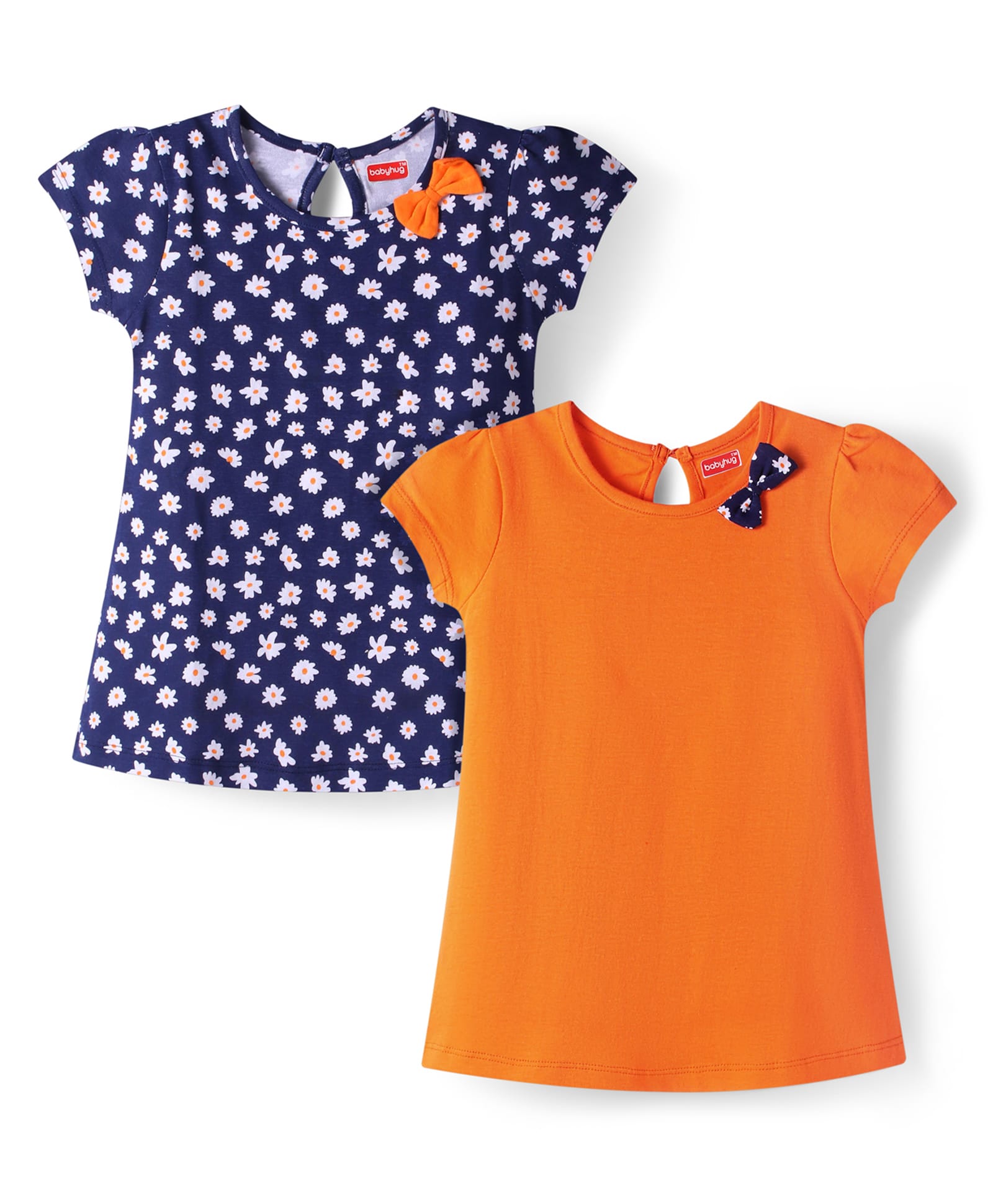 Babyhug Single Jersey Knit Half Sleeves Frocks With Floral Print & Bow Applique Pack of 2 - Navy Blue & Orange-image-20