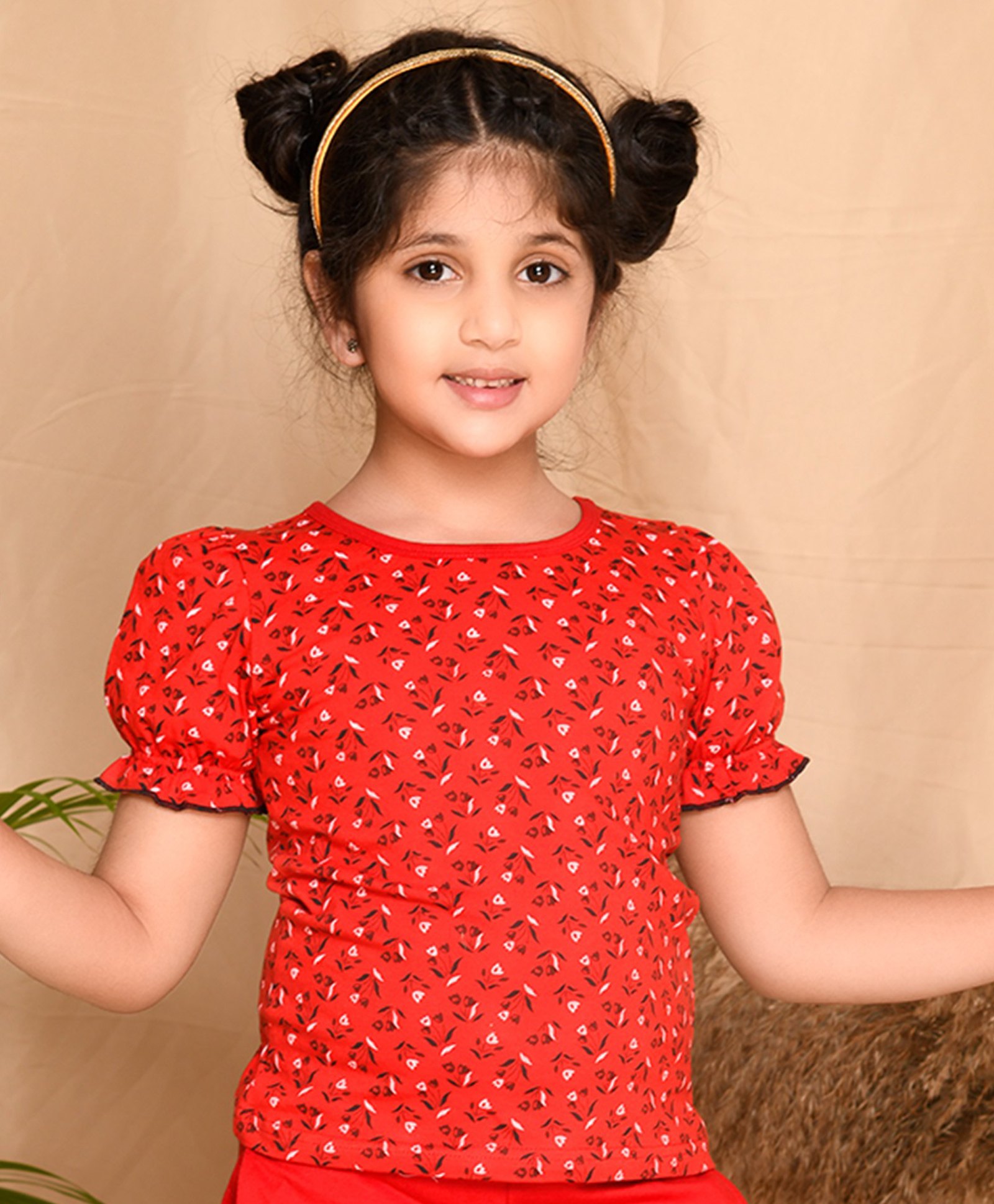 Kids Cave Half Sleeves Floral Printed Top - Red-image-9
