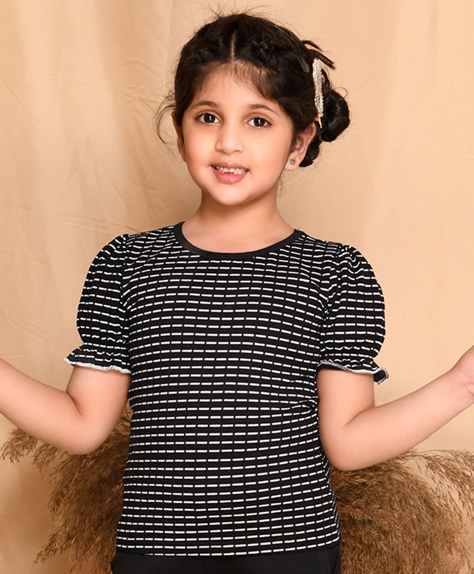 Kids Cave Half Sleeves Striped Printed Top - Black-picture-20