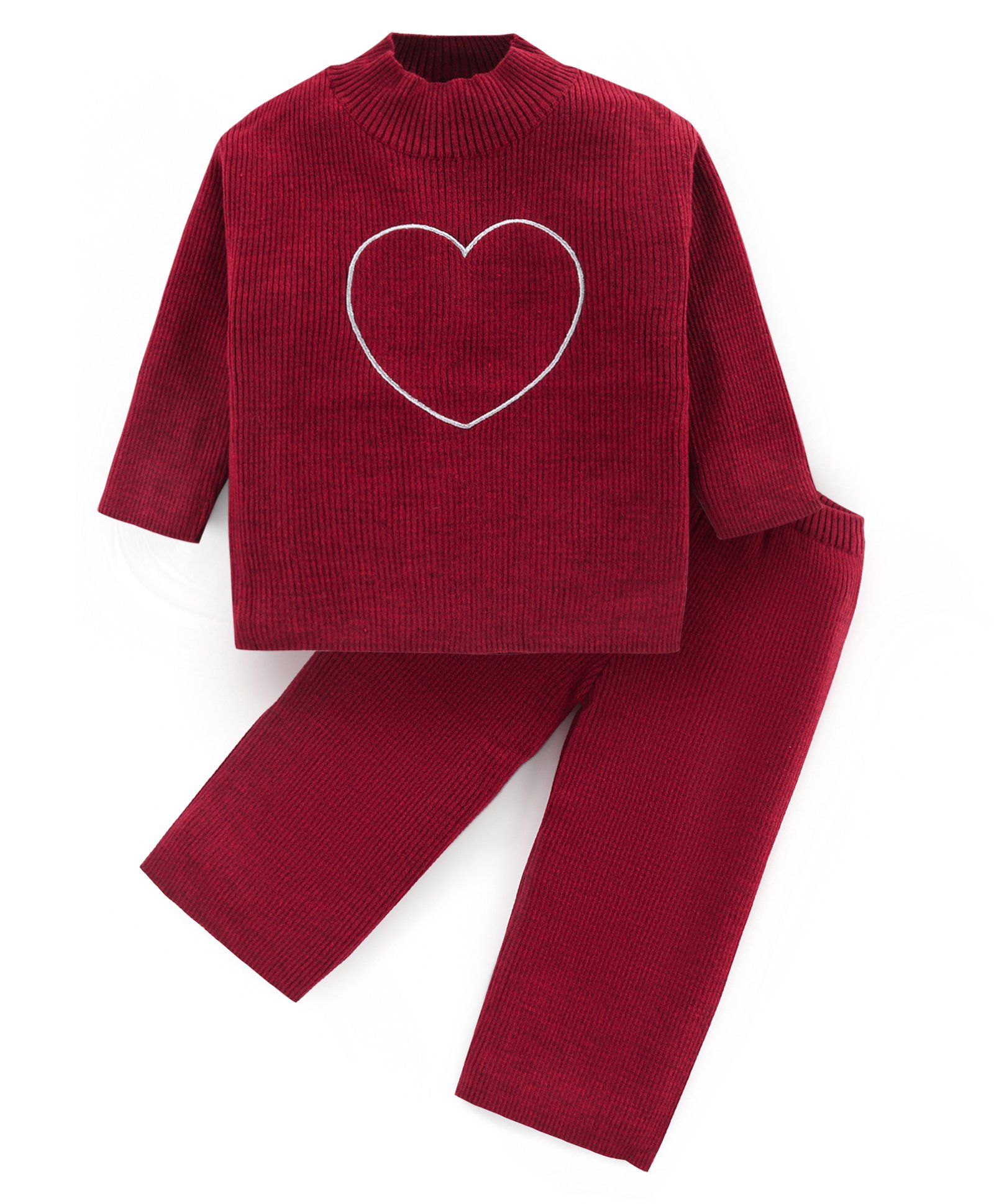 Babyhug Sweater Knit Full Sleeves High Neck Winter Wear Suit With Heart Embroidery - Red-image-2