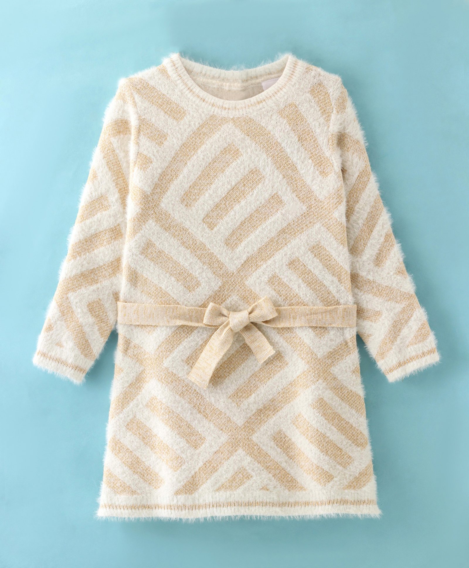 Babyhug Knitted Full Sleeves Designed Woollen Dress - White-picture-17