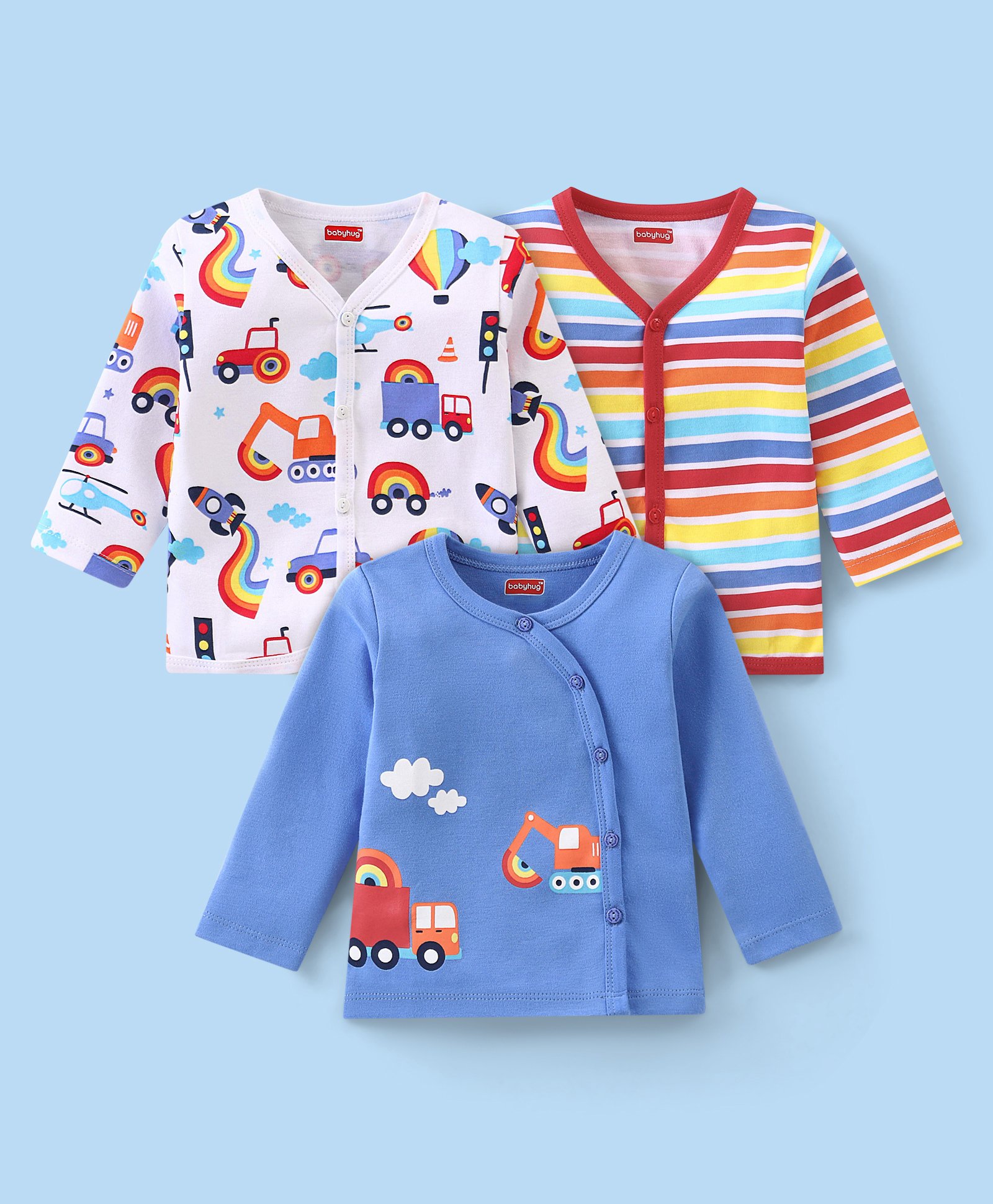 Babyhug 100 % Cotton Knit Full Sleeves  Front Open Vests With Stripes & Vehicle Print Pack Of 3 - Multicolor-image-26