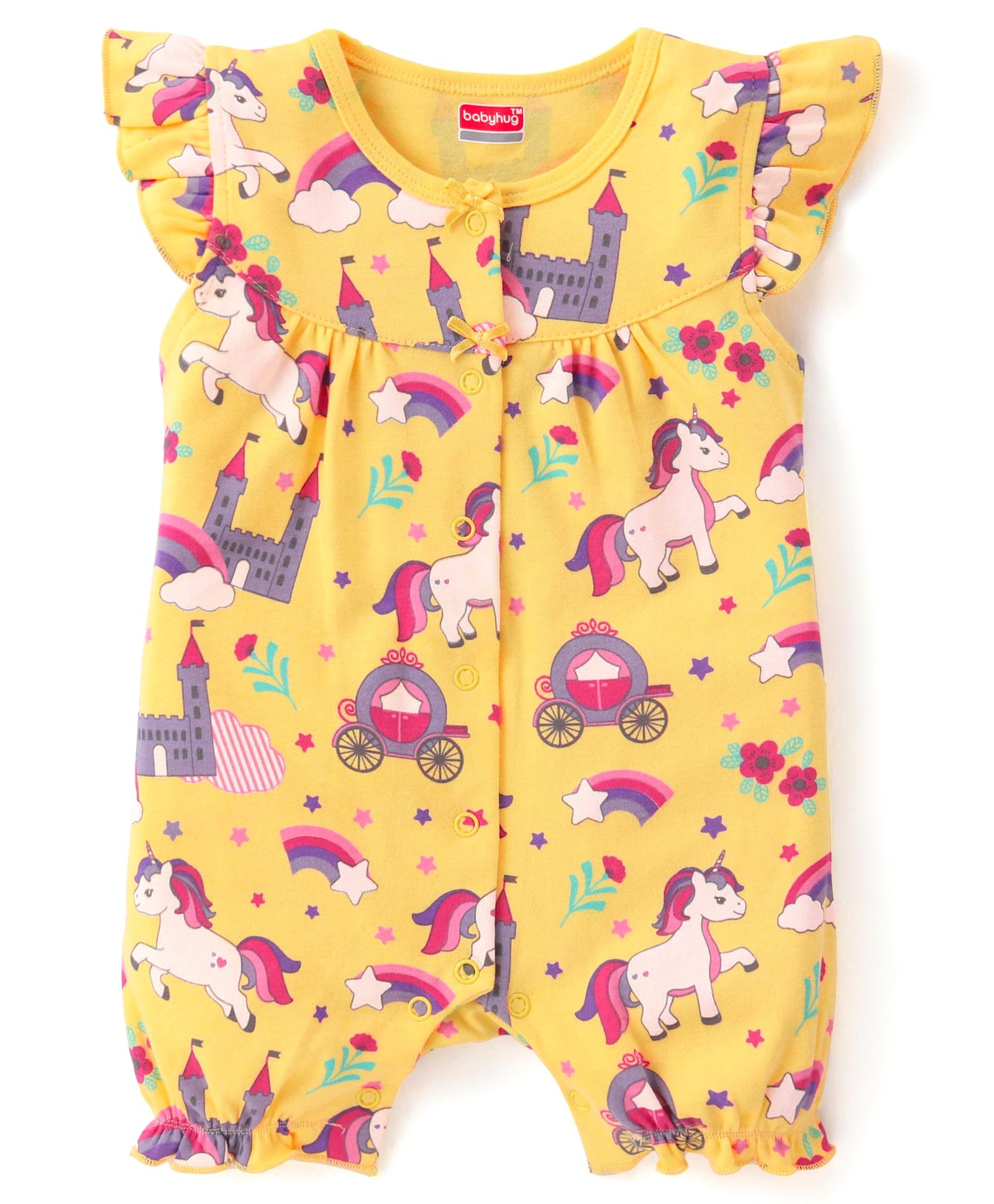 Babyhug 100% Cotton Knit Frill Sleeves Unicorn Printed Front Open Romper - Yellow-image-27