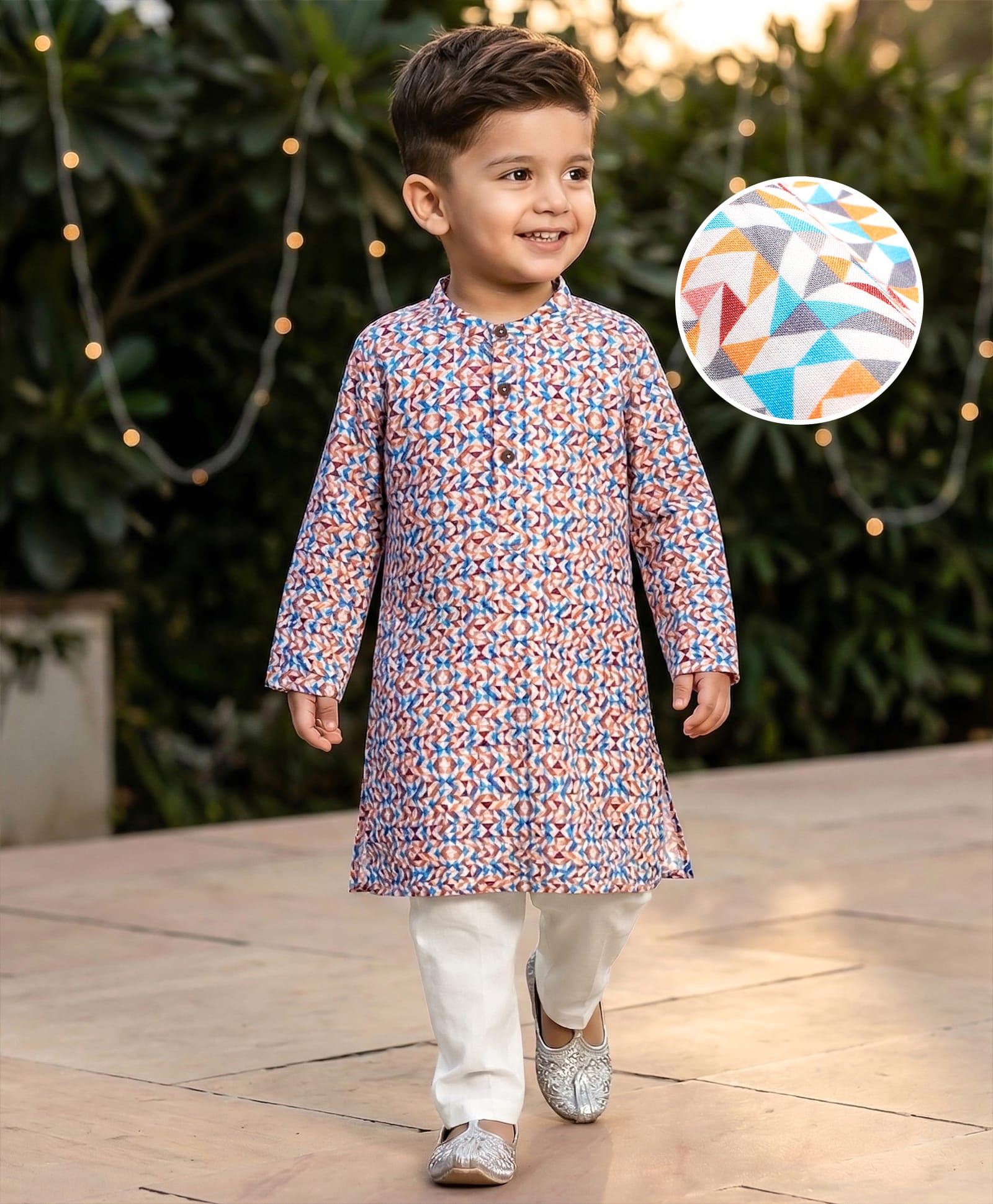 Babyhug Cambric Full Sleeves Printed Kurta Pyjama Set - White & Blue-image-33