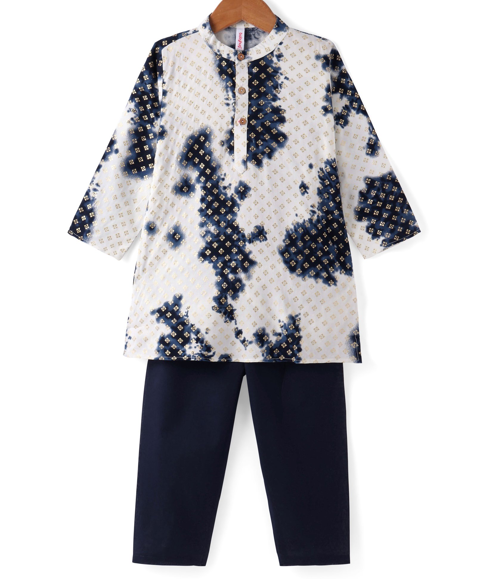 Babyhug Cambric Foil Printed Tie and Dye Kurta Pyjama Set - White & Navy-image-47