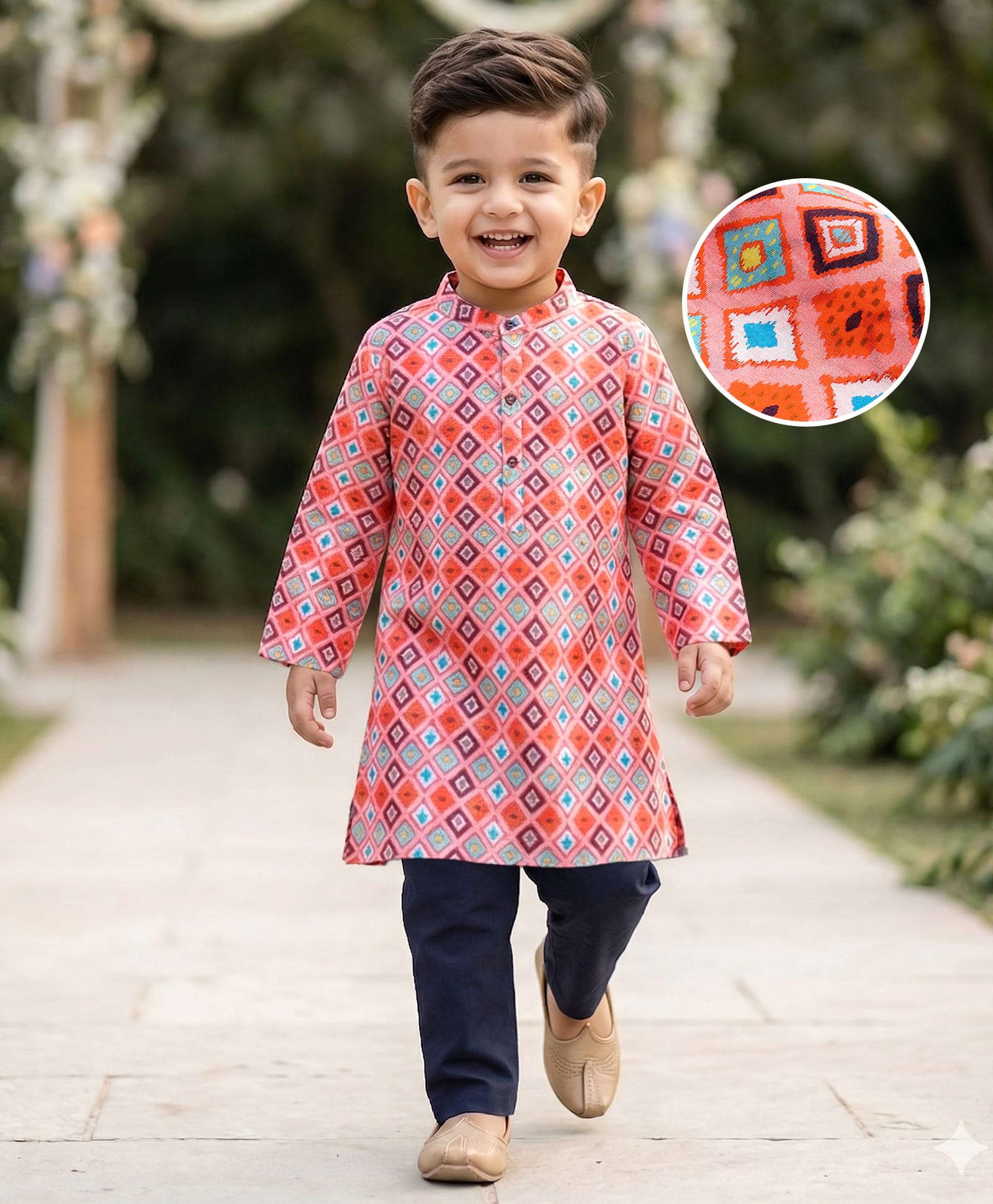 Babyhug Cotton Woven Cambric Full Sleeves Kurta Pyjama Set Square Print - Pink-picture-22